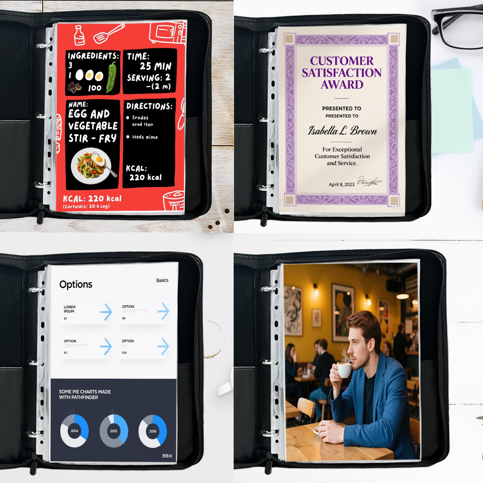 Carpeta con fundas de plástico, 40 bolsillos para carta/A4 (11 x 8.5 pulgadas), organizador de 3 anillos con asa, carpeta de arte resistente con páginas divisoras de polipropileno para obras de arte