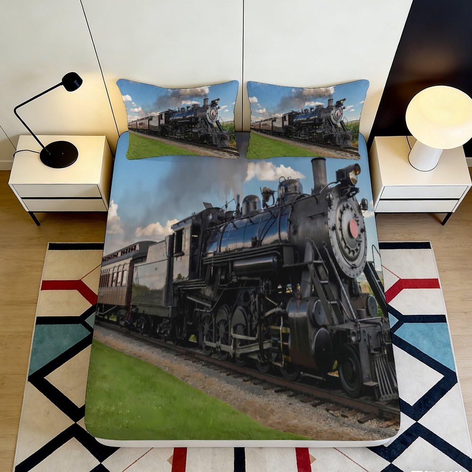 3D Printed Steam Train Fitted Sheet Microfiber Non-Slip Bedroom Decor Locomotive Bed Cover for Home Guest Room 90x200x25cm