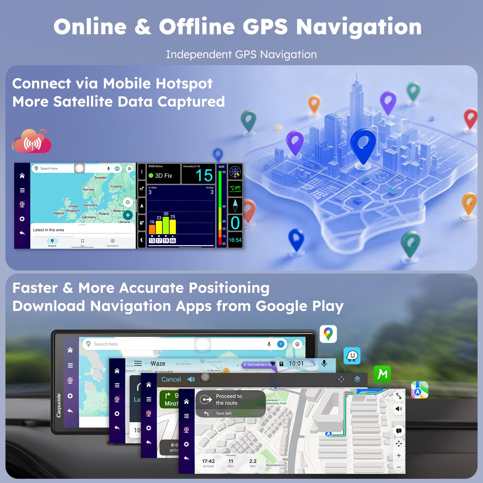 CARPURIDE W903Plus Bezprzewodowy CarPlay i Android Auto 4+64 GB, 9,3-calowy ekran dotykowy HD IPS CarPlay do samochodu, GPS online i offline, Mirror Link, Bluetooth, antena GPS, kamera cofania