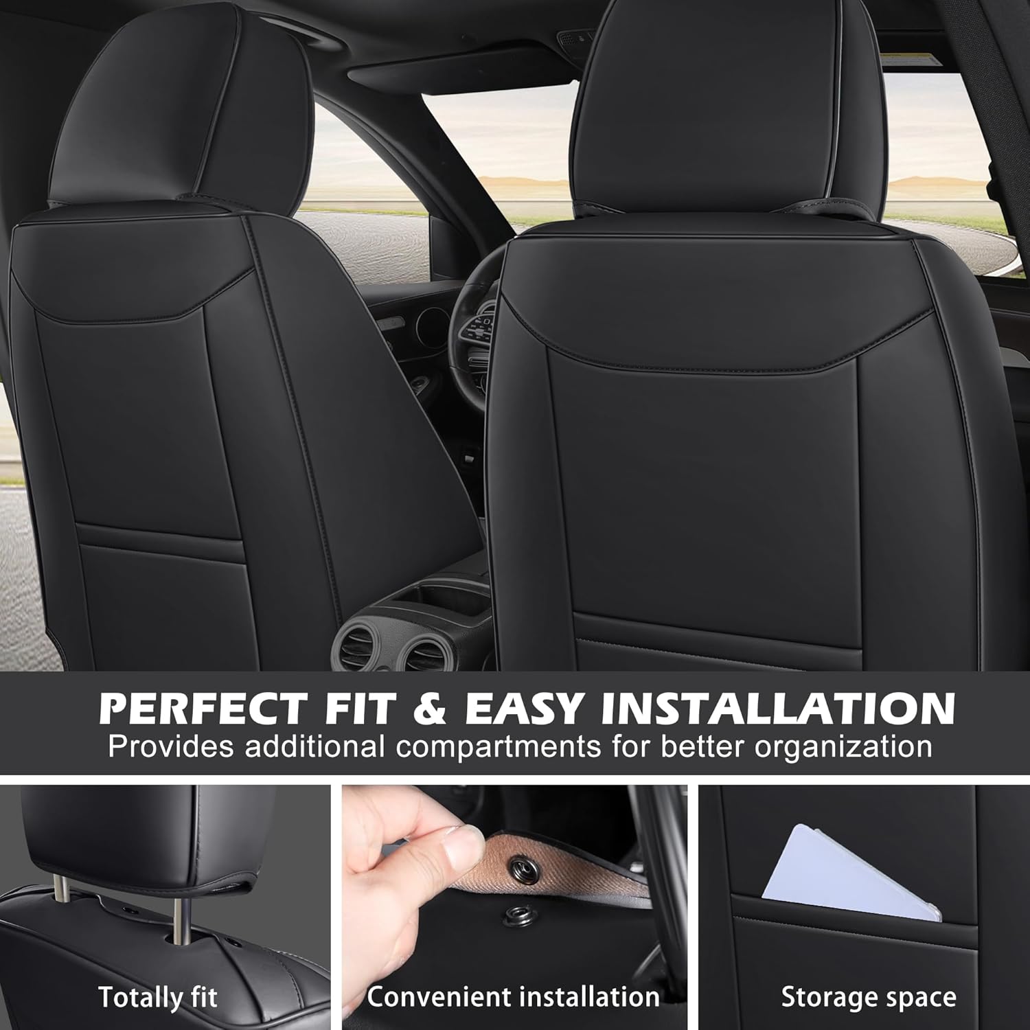 Universal Leather Car Seat Covers, Full Set Seat Covers for Cars Trucks SUV Pick-up, Black Waterproof Automotive Seat Covers Protectors Include Front and Rear (Black)