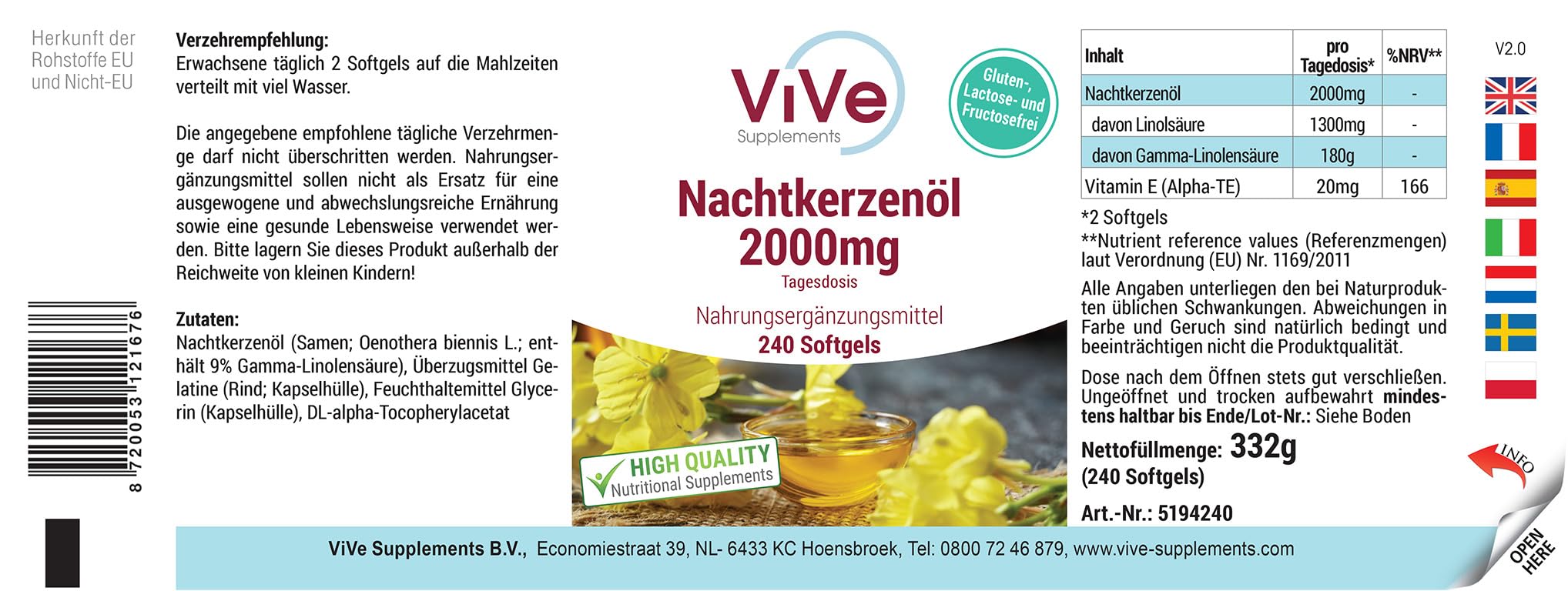 Nachtkerzenöl 2000mg - 240 Softgels -Linolsäuren + Vitamin E - Hochdosiert - Qualität aus Deutschland - ViVe Supplements