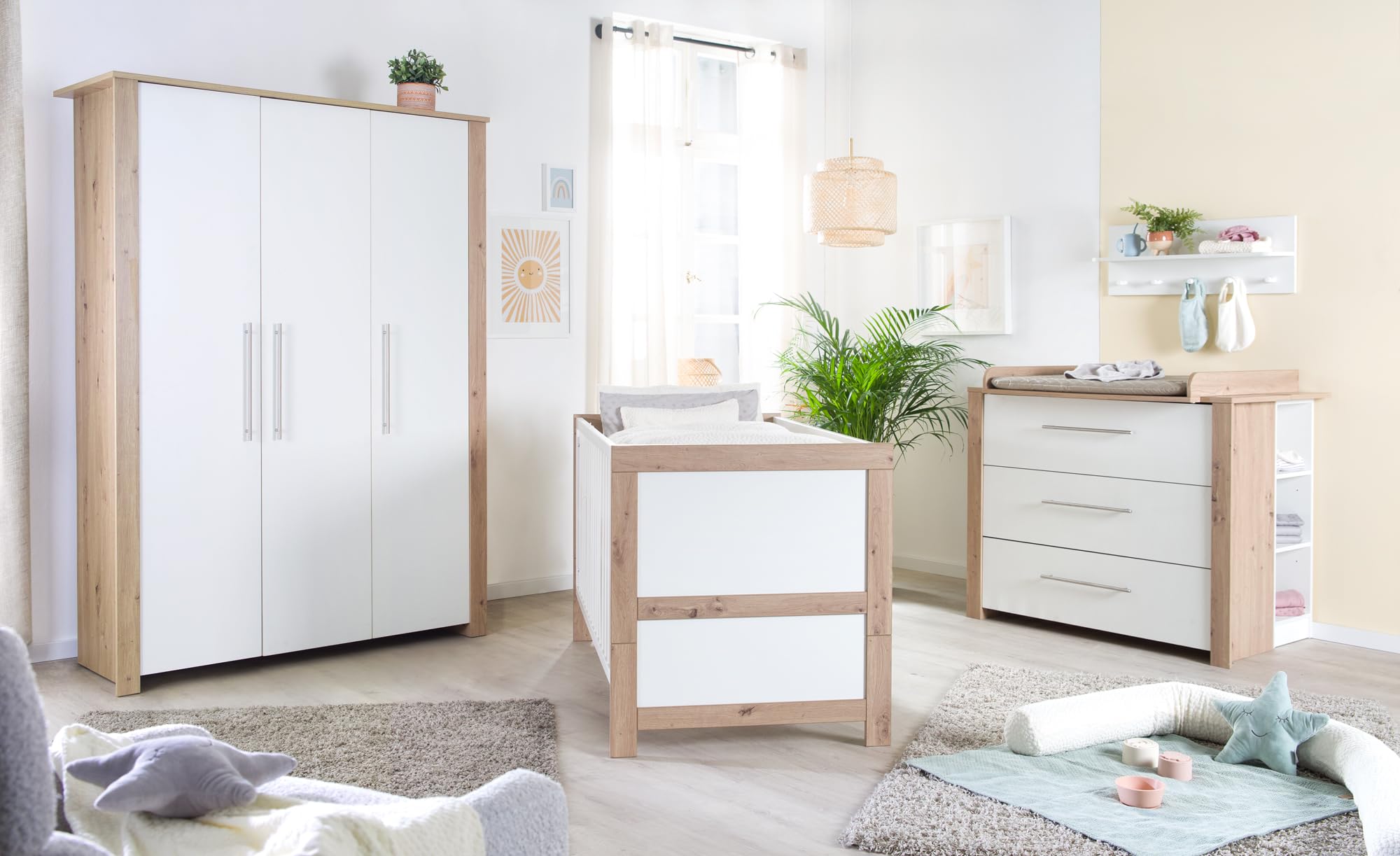 roba Babybett Malo 70 x 140 cm - Mitwachsendes Gitterbett - Höhenverstellbar - Umbaubar zum Juniorbett - Holz weiß lackiert/Dekor Sonoma Eiche