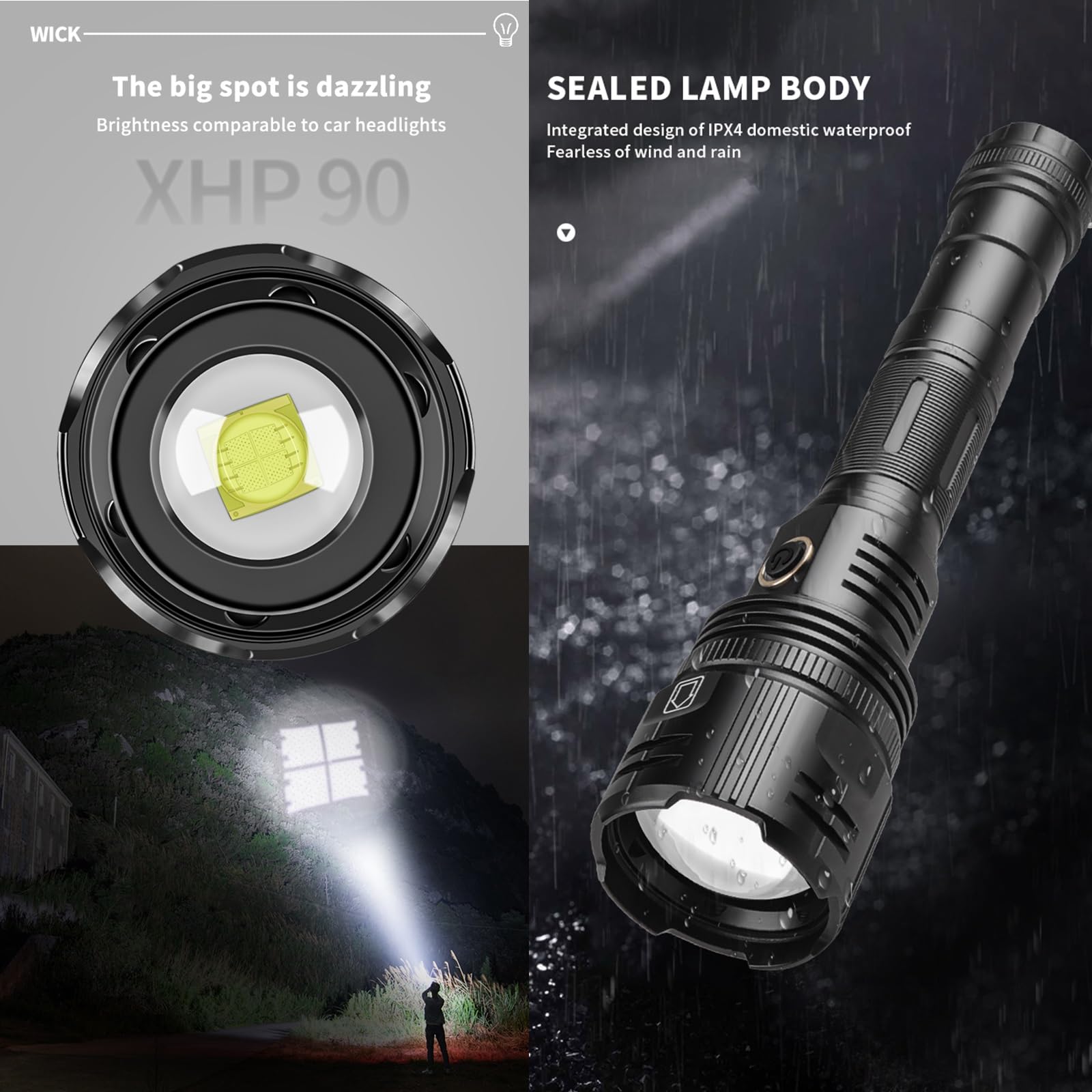Torcia led ricaricabil,mini torcia led ricaricabile,torcia led ricaricabile potente, 1200 Lumens, Telescopic Zoom, Rechargeable, Waterproof, Ideal for Camping, Emergencies and Home Use ( Size : 2*2665