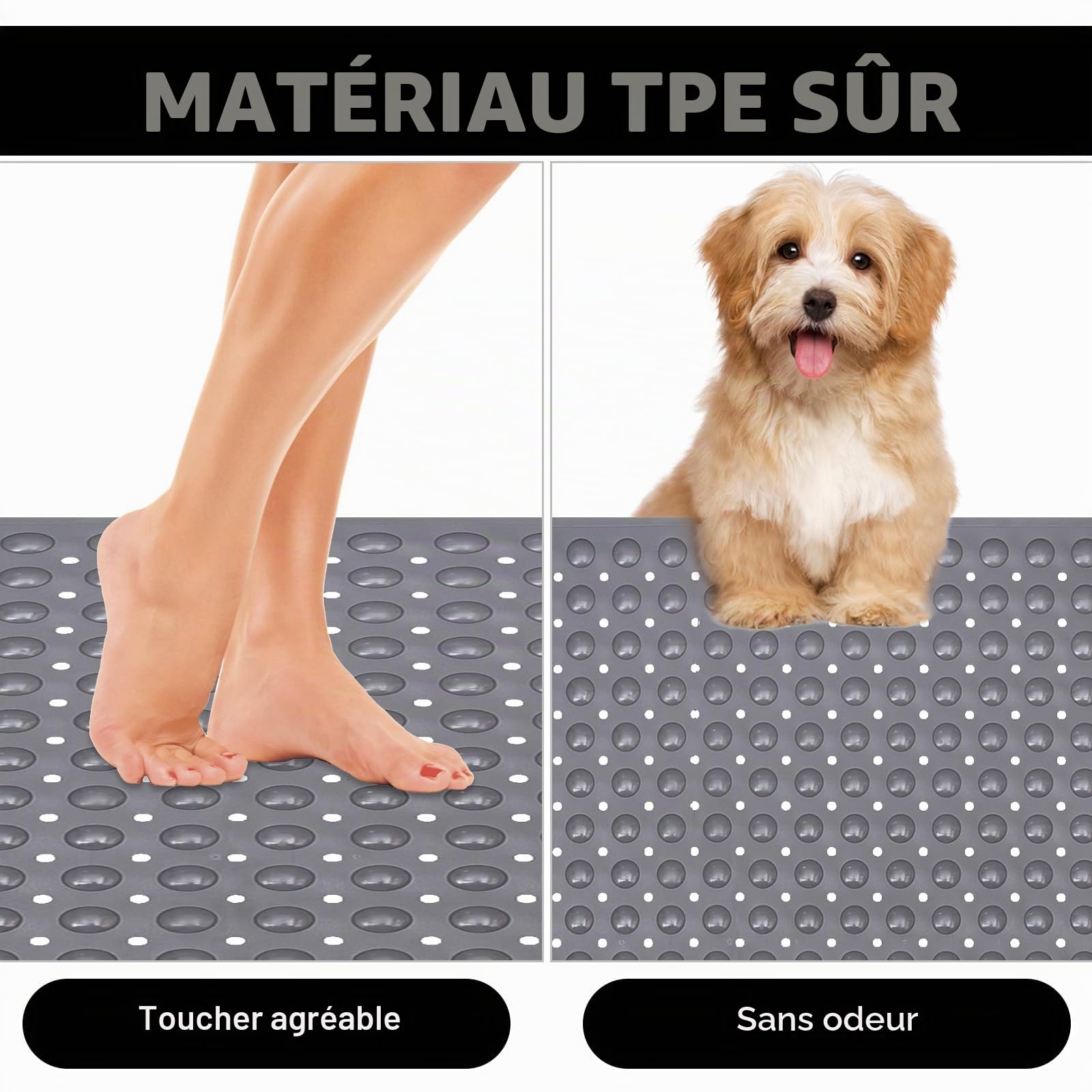 Grand tapis de douche antidérapant 80 x 120 cm : tapis de douche en TPE souple avec trous de drainage et ventouses – Tapis antidérapant de douche lavable en machine antibactérien et résistant