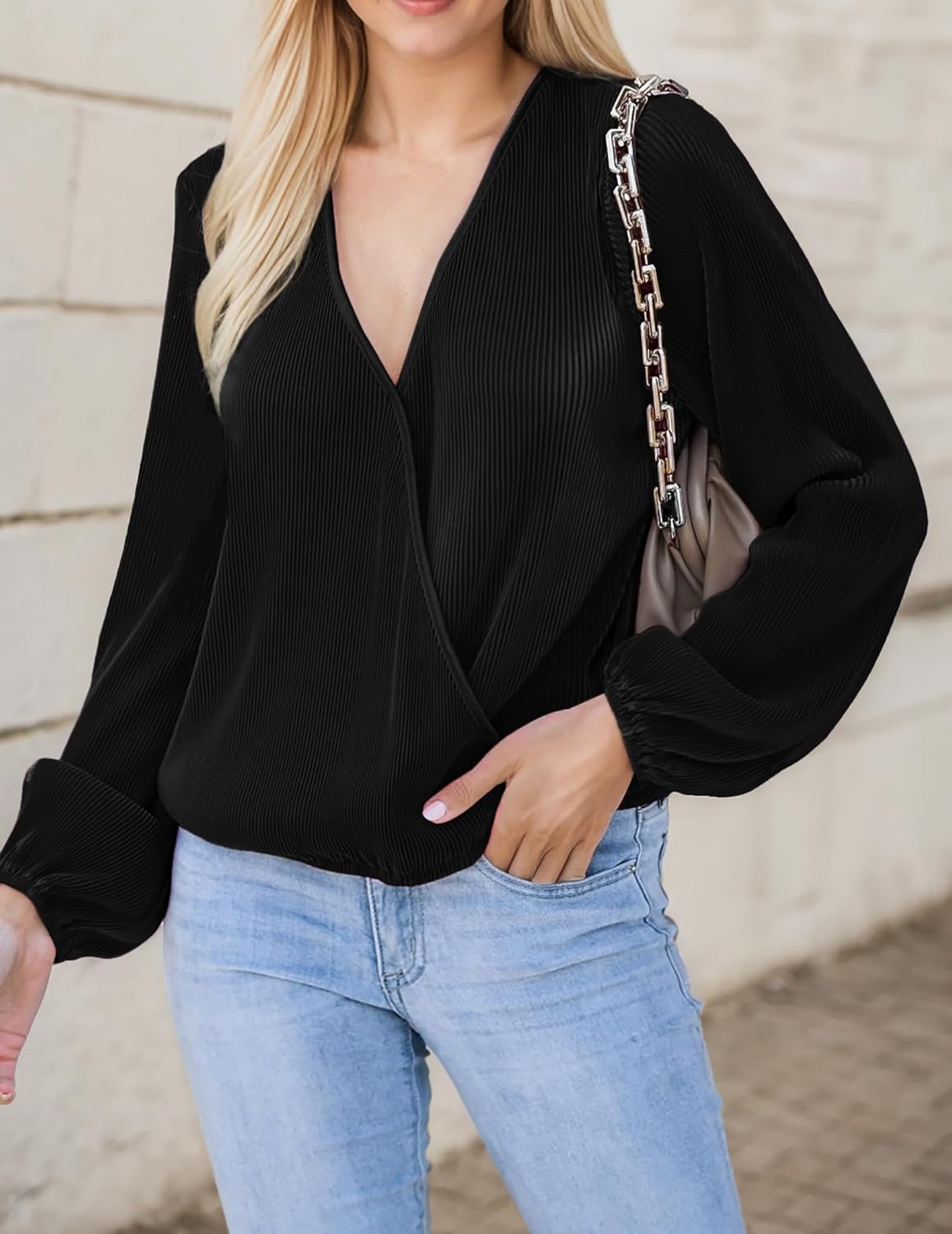 Women's Long Sleeve Wrap V Neck Blouse Pleated Dressy Casual Work Tops - Image 3