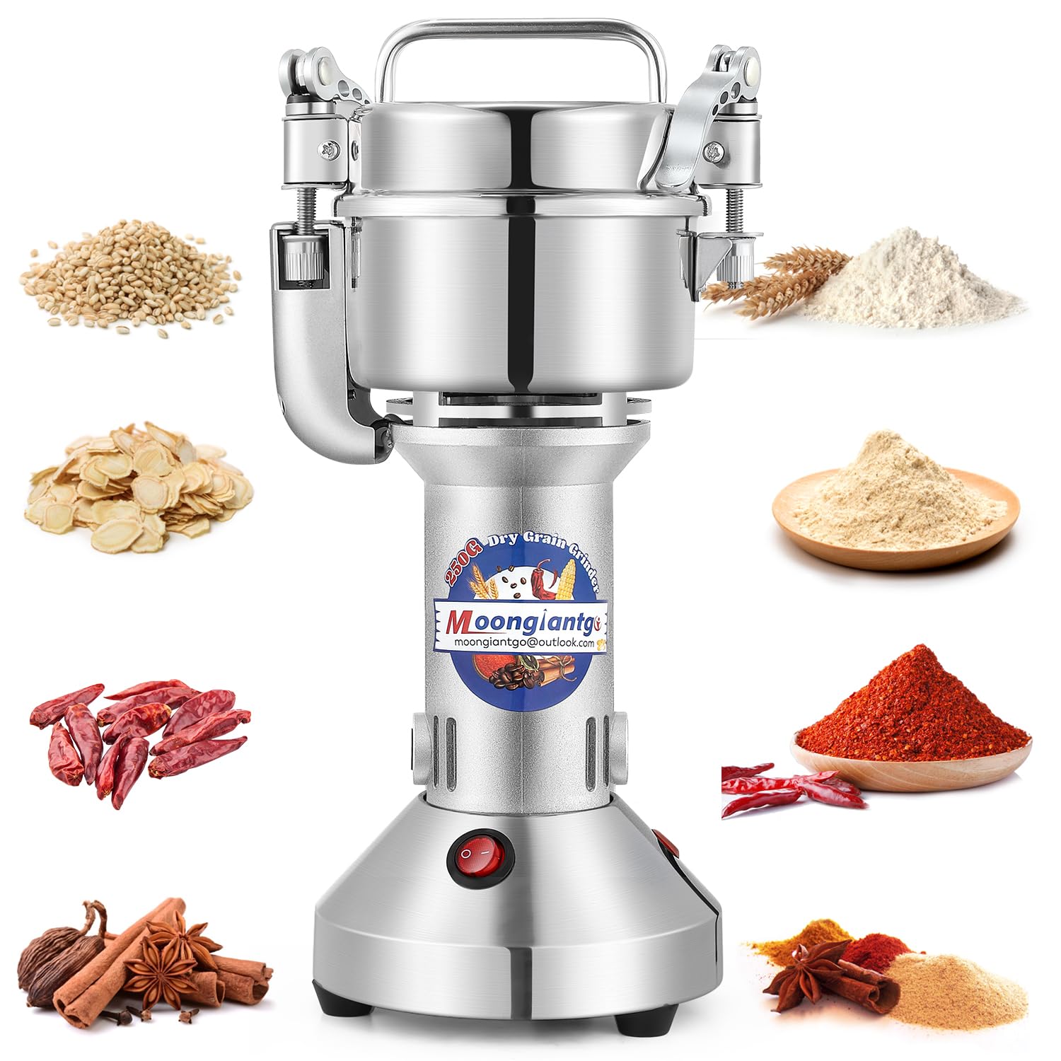 Moongiantgo 250g Safety Grain Mill Grinder 950W High-speed Electric Stainless Steel Dry Spice Grinder Pulverizer for Wheat Corn Rice Pepper Herbs