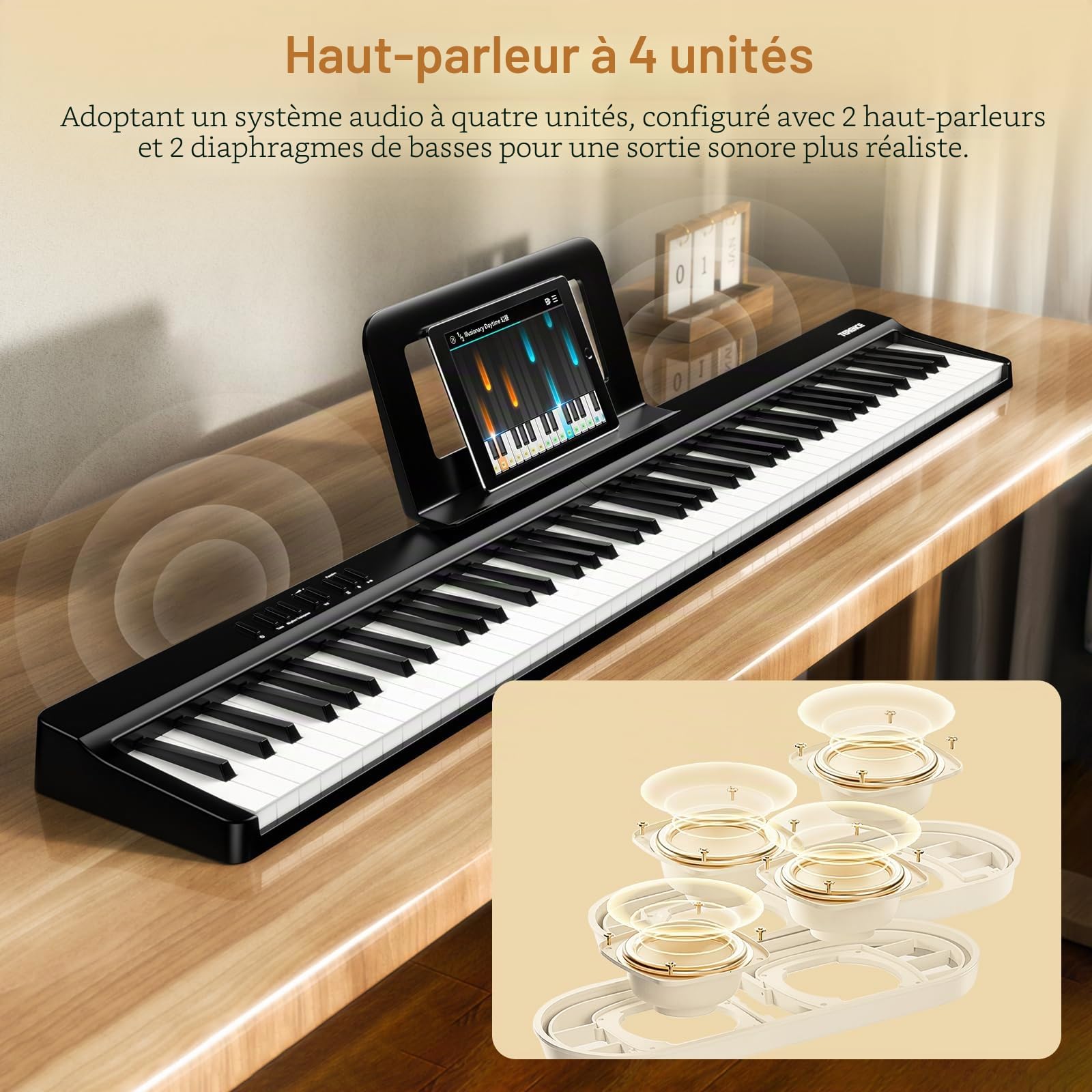 TERENCE Piano Numérique 88 Touches, Piano Portable avec Clavier semi - pondéré, avec Enregistrement et Support Bluetooth, avec Pédale et Haut-parleur à 4 unités, Choix Préféré pour les Débutants noir