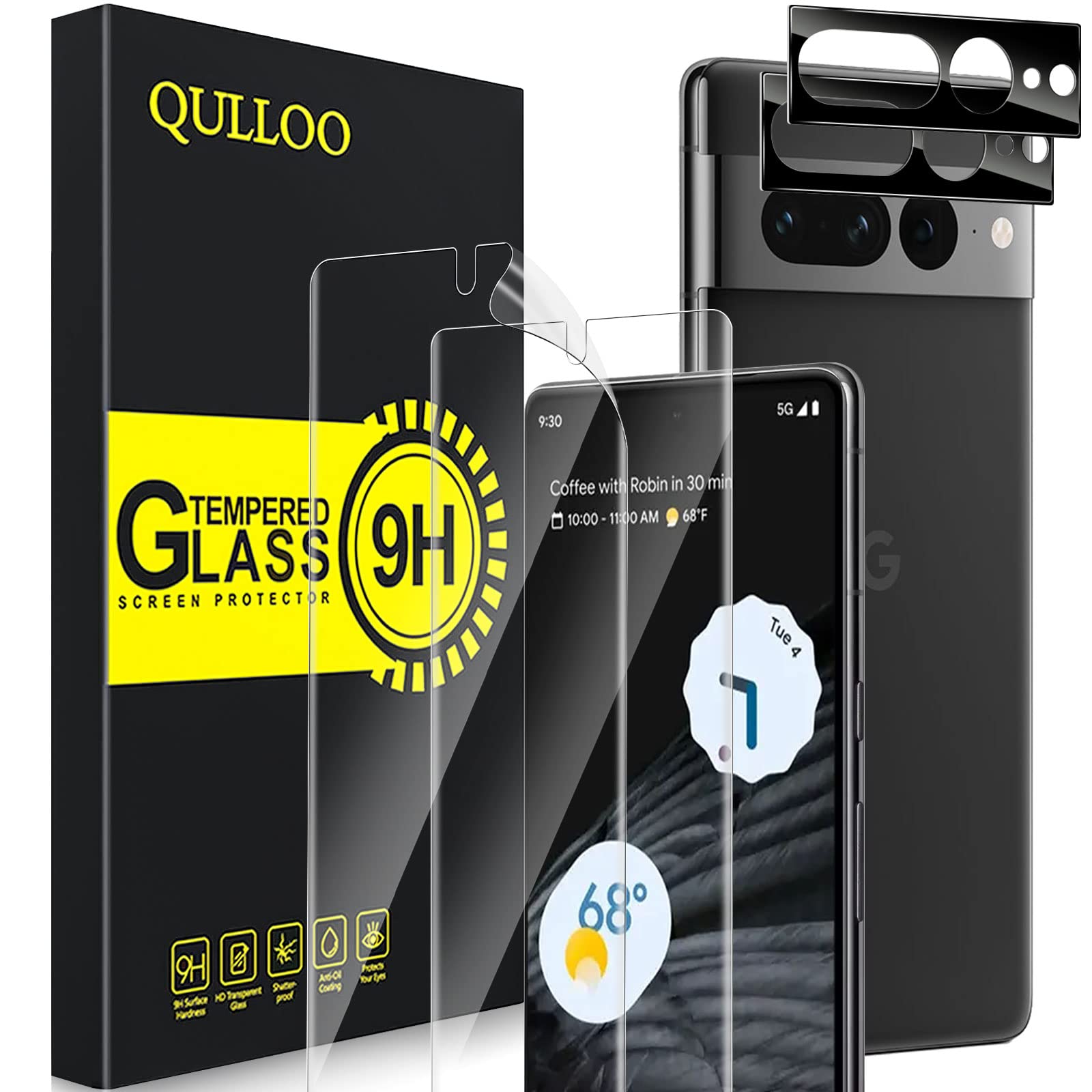 QULLOO Screen Protector for Google Pixel 7 Pro [Pack of 2] + Camera Protection Tempered Glass Film [Pack of 2], High Sensitivity, Anti-Scratch, Soft TPU Screen Protector for Google Pixel 7 Pro