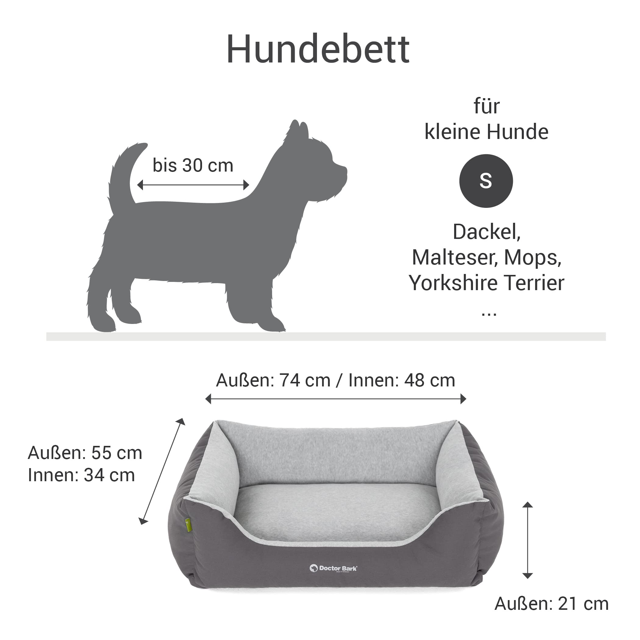 Doctor Bark Hundebett Kleine Hunde - Hundekörbchen Flauschig und Weich - Waschbar, Strapazierfähig, Kuschelig - Made in Germany - GreenLabel (S - 74x55 cm, Grau)