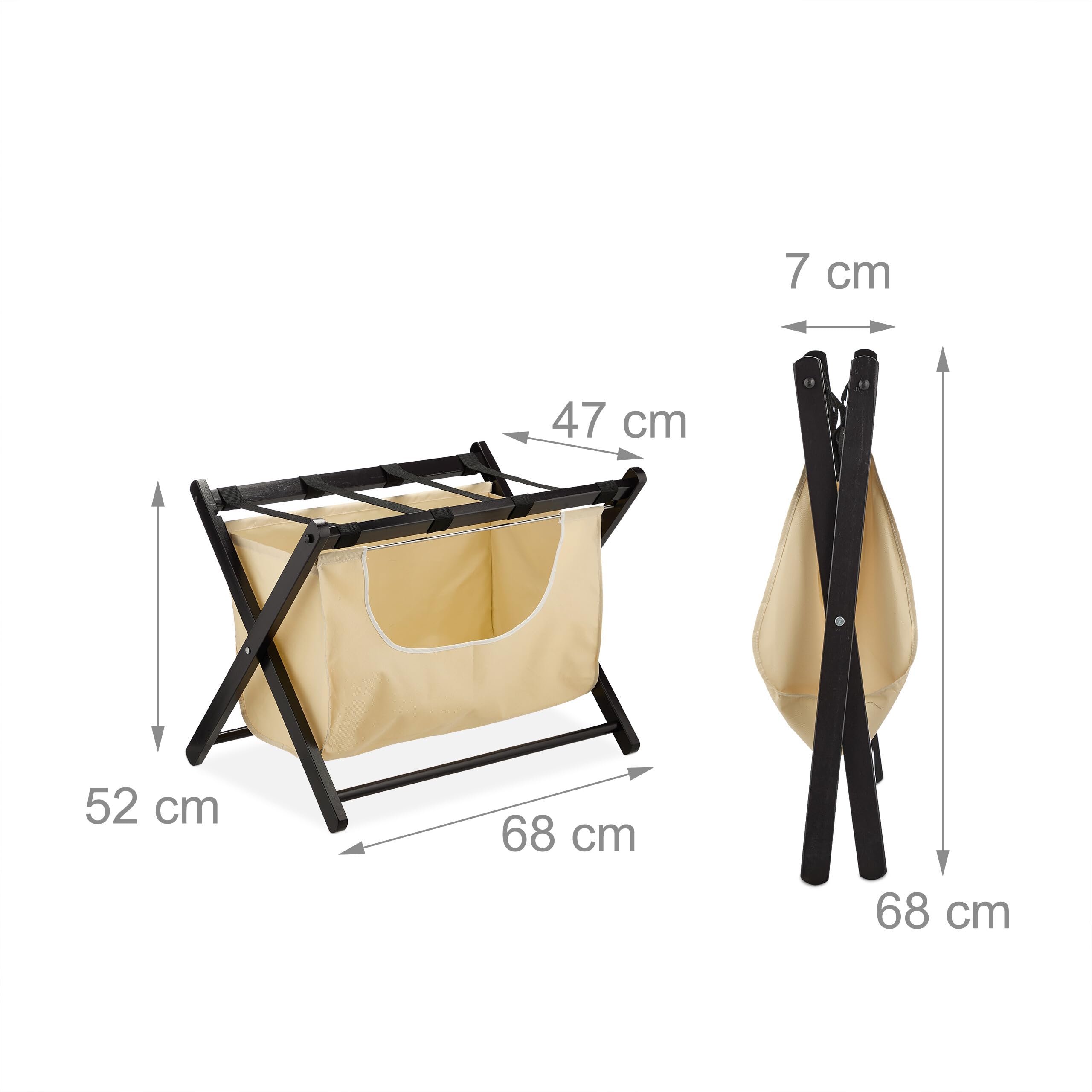 Relaxdays Soporte para Maletas, Plegable, con Bolsa de Ropa, 52 x 68 x 47 cm, Portamaletas Hotel, Reposamaletas, Natural, Algodón