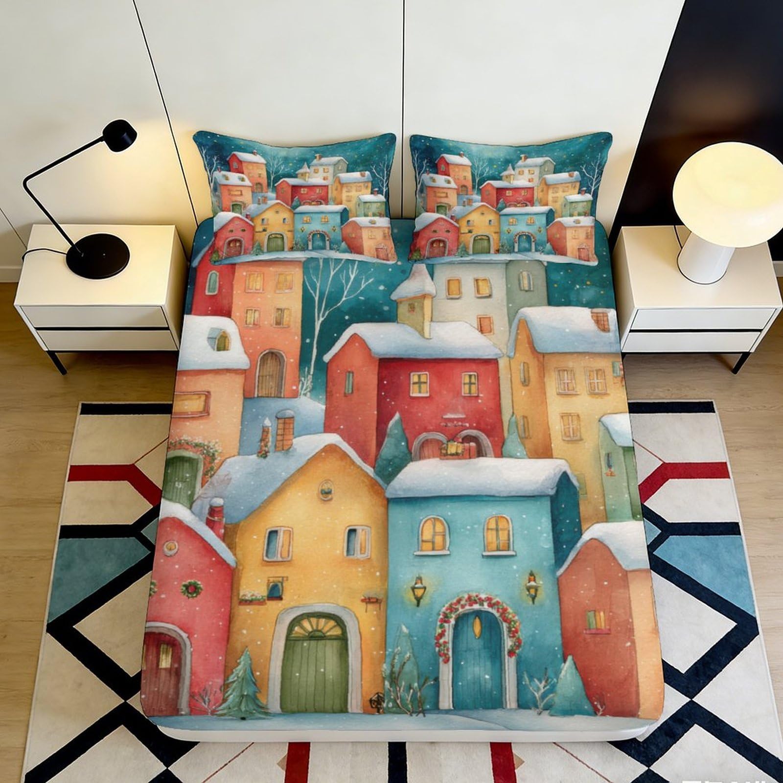 3D Printed Winter Village Fitted Sheet Microfiber Soft Colorful Town Mattress Cover Bedroom Decor Protection 90x200x25cm