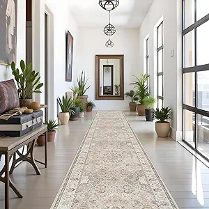 Hallway Washable Runner Rug - 3x16 Kitchen Rugs Entryway Rug Runner Vintage Soft Floor Mat Non Slip Indoor Farmhouse Carpet for Bathroom Living Room Bedroom (3 X 16, Beige)