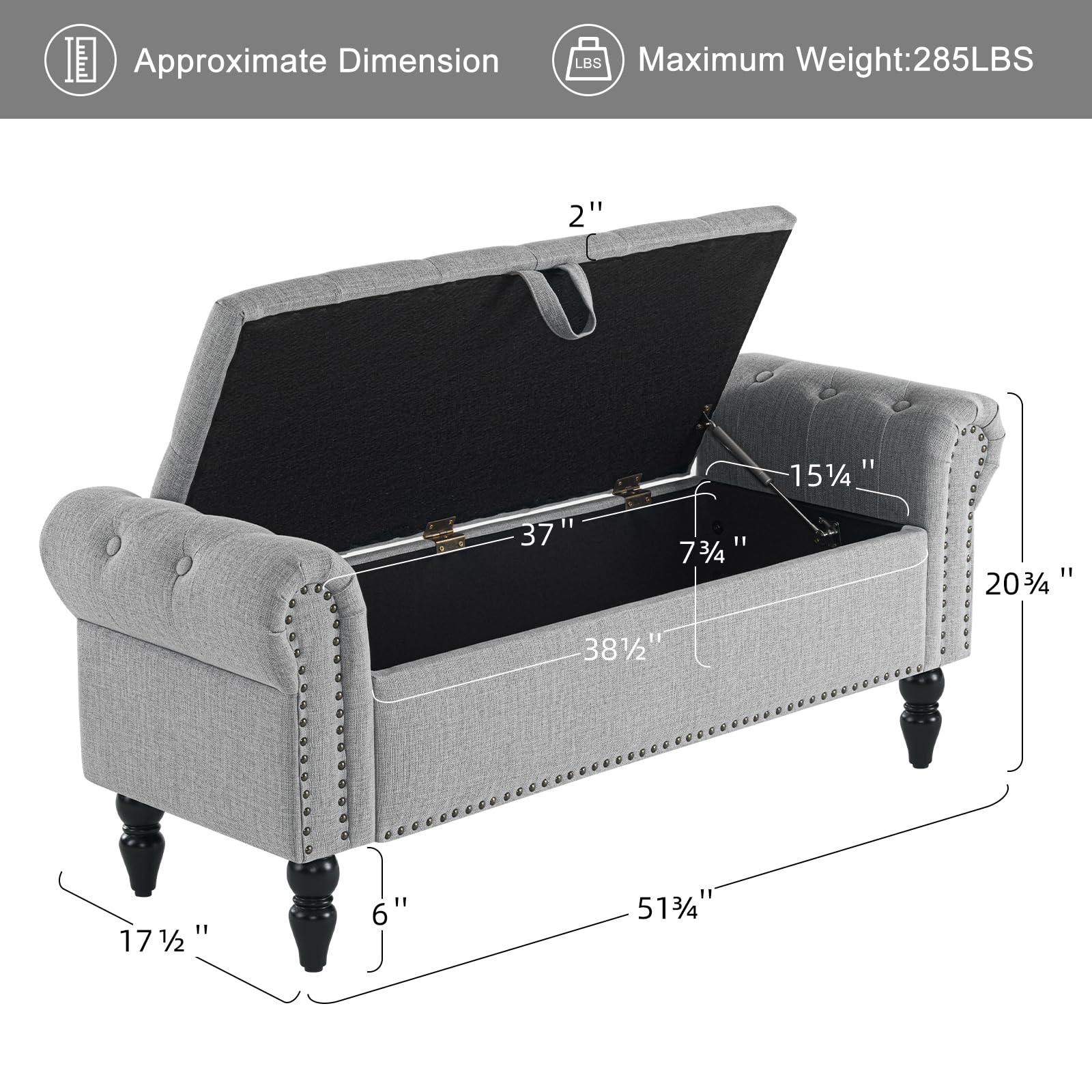 Furniliving Storage Ottoman Bench, Leather Benches End of Bed Bench with Solid Wood Legs Upholstered Ottoman Bench with Storage Indoor Bench for Living Room with Rolled Arm, Entryway, YellowBrown: Grey-1 51-inch