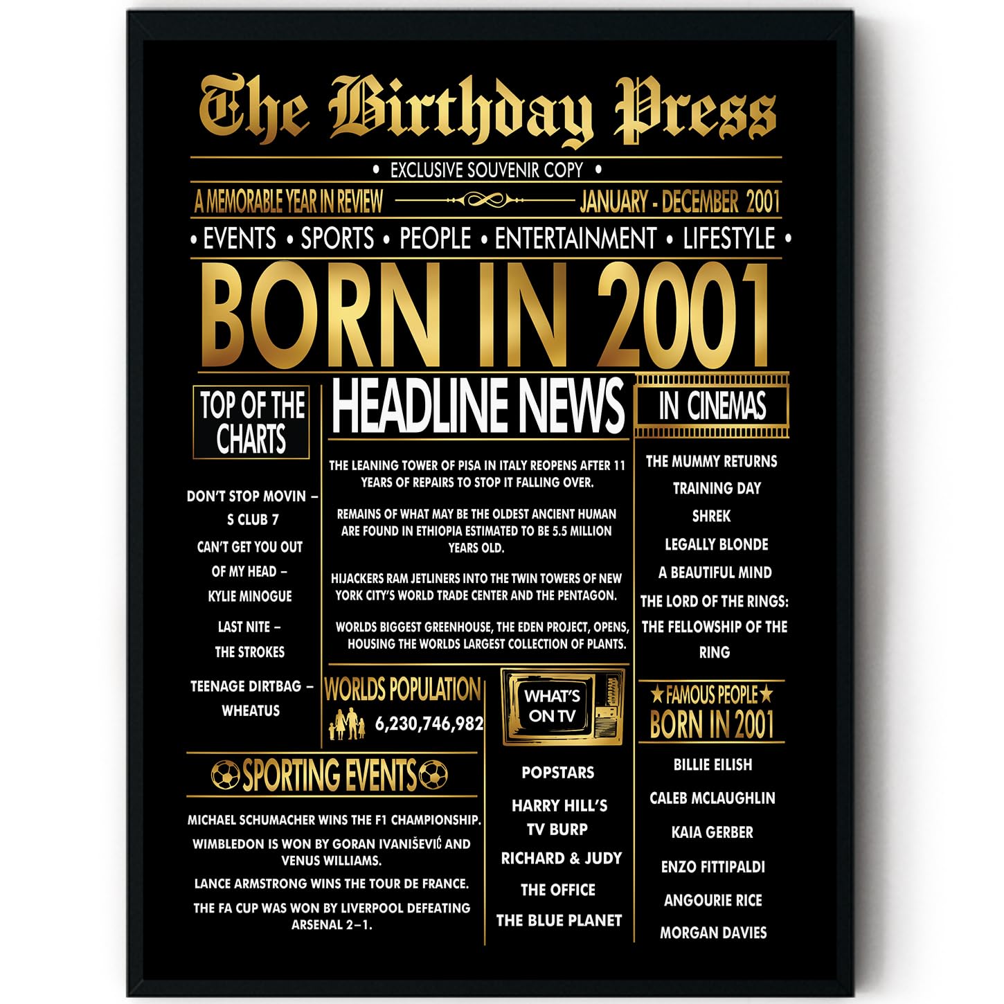 Stuff4 Men's 2001 Gold 25Th Birthday Poster Framed, Golden Born In Newspaper