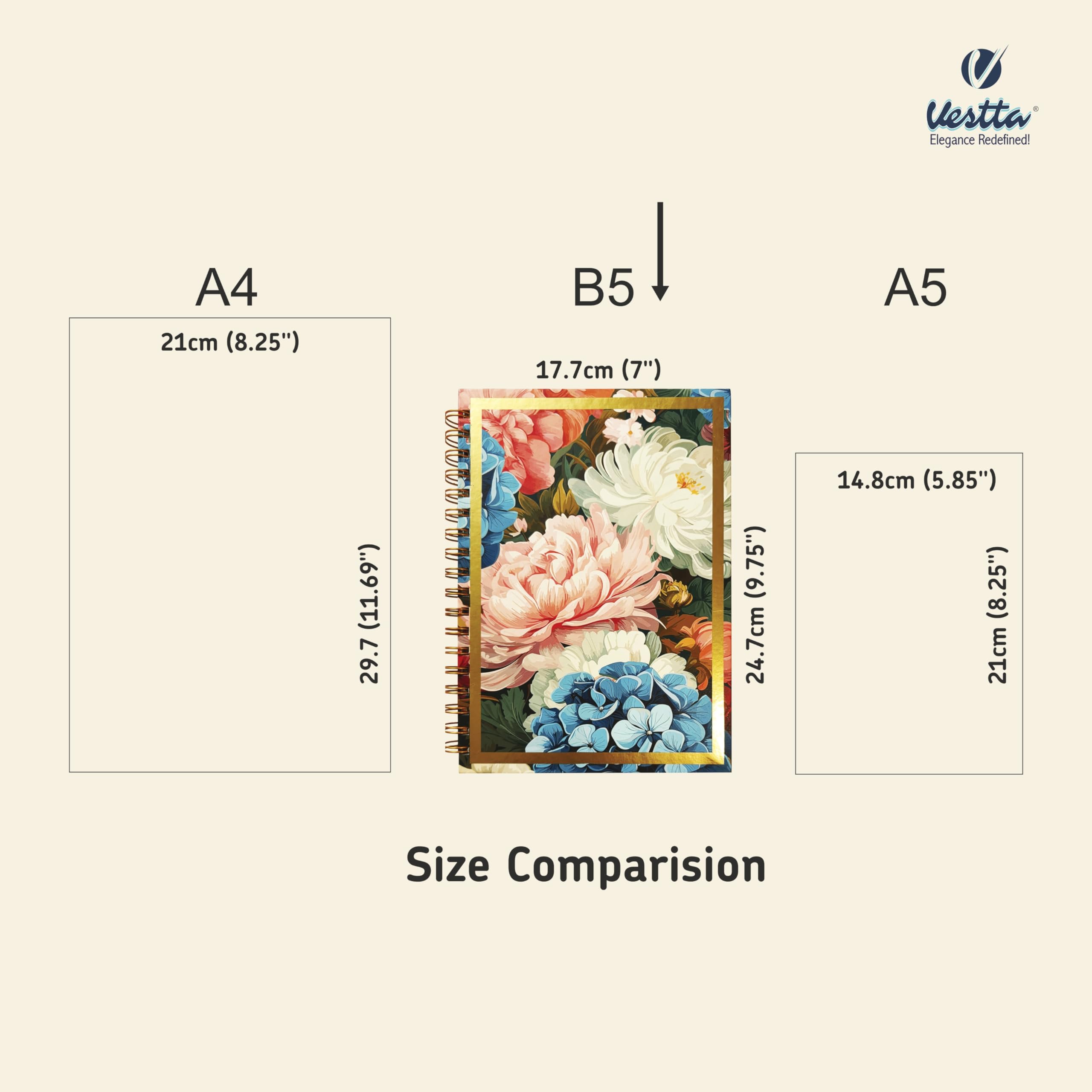 VESTTA -ELEGANCE REDEFINED, B5, Hard Bound Notebook Diary, 7(L) X 9.75 (H) Inches, Matt Lamination, Gold Wiro Binding, Undated, 90 GSM paper, 192 Ruled Pages (Vintage Botanical Floral Series4) 3
