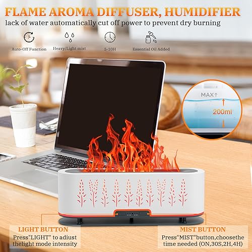 Miniatura 3 de Flame Air Difusor de aroma Humidificador de 7 colores de llama, difusor de aromaterapia de aceite esencial de 6.8 fl oz con 2 modos de niebla, 4