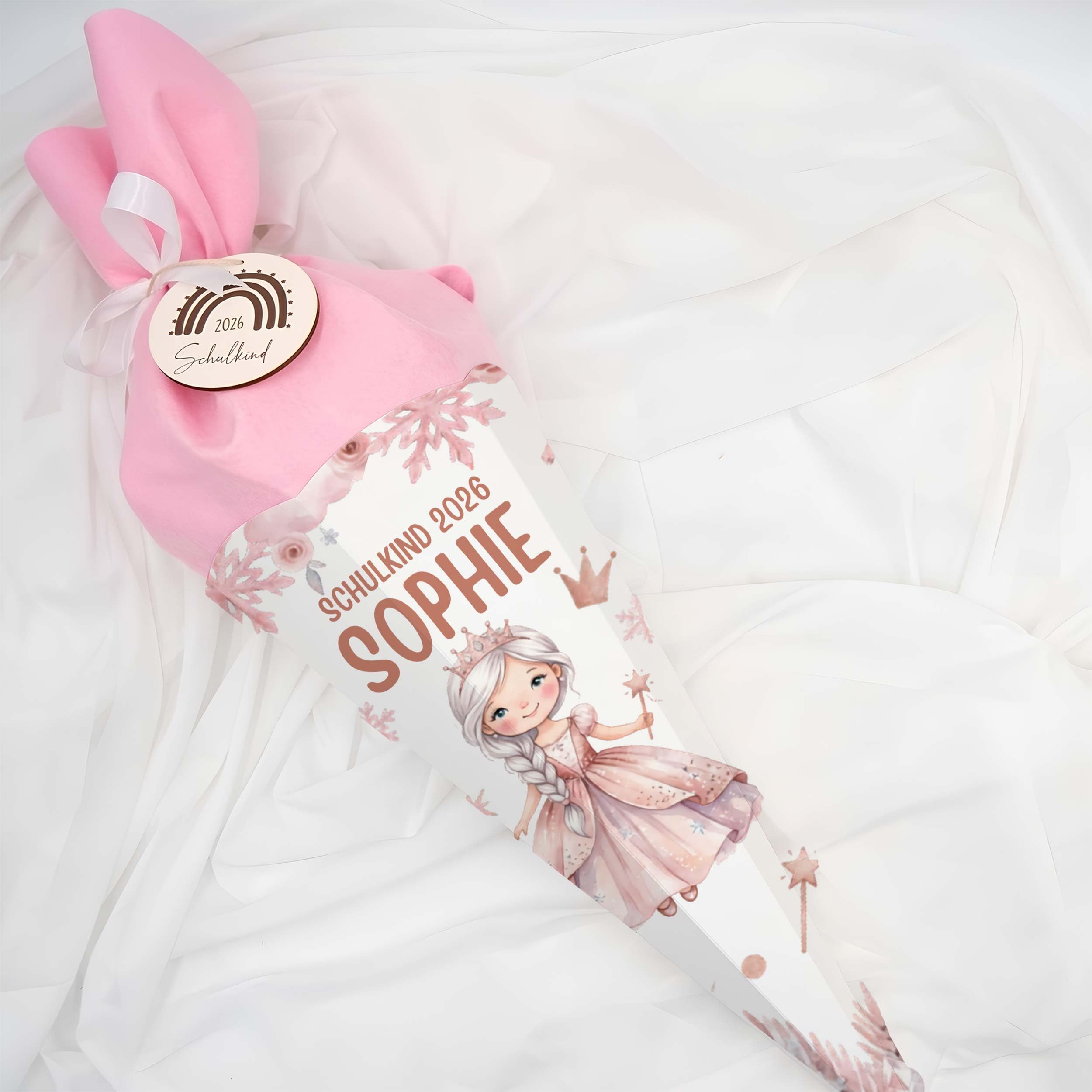 Personalisierte Schultüte mit Rohling, Filz-Stoff & Holzschild, Zuckertüte zur Einschulung Mädchen & Jungen, Einschulungsgeschenk 2026 - Prinzessin (Rosa)