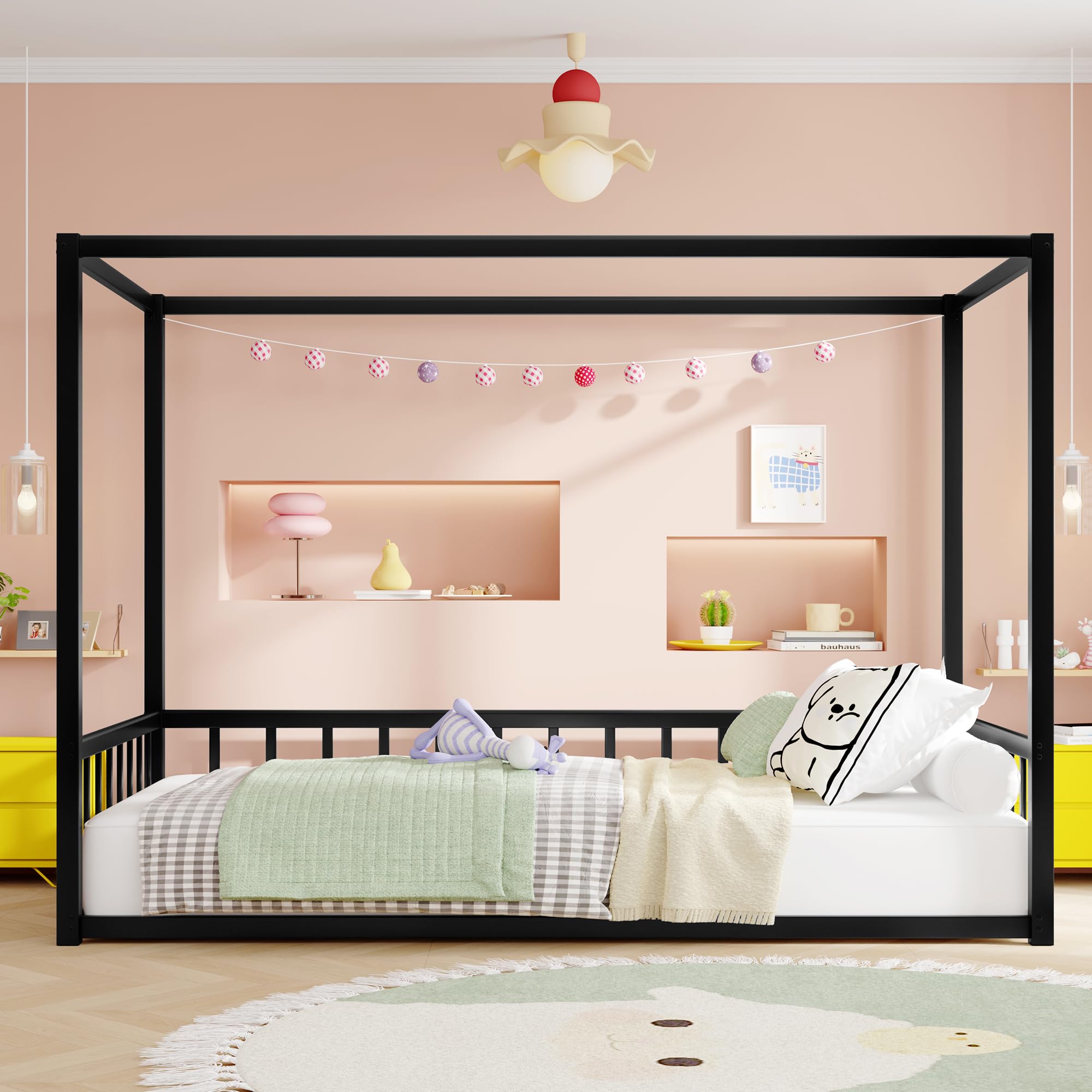 Anwick Twin Size Canopy Bed Frame with Guardrails for Kids, Floor Bed with with Four Poster Design, Modern Montessori Double Size Bed for Girls,Boys