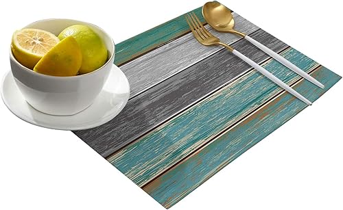 Vista 56 de Vandarllin Juego de 6 manteles individuales retro con textura de madera rústica de poliéster, resistentes a las manchas, manteles individuales Rayas