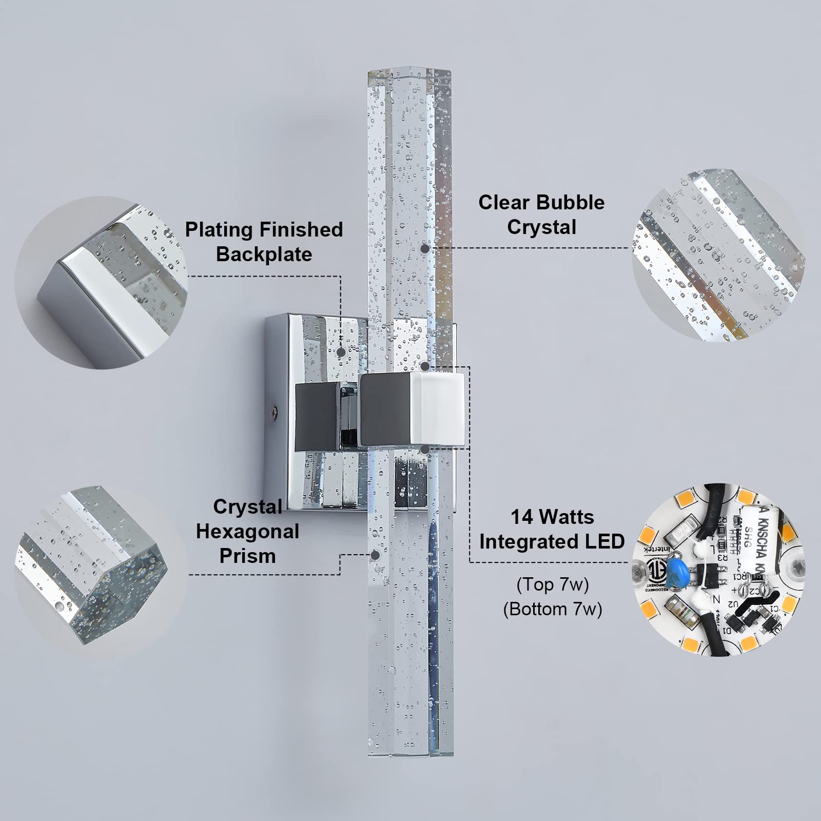 Juego de 2 apliques de pared, apliques de cristal, iluminación de pared LED regulable de 14 W, lámparas de tocador de baño, luces de pared de burbujas cromadas para baño, pasillo, dormitorio, 4