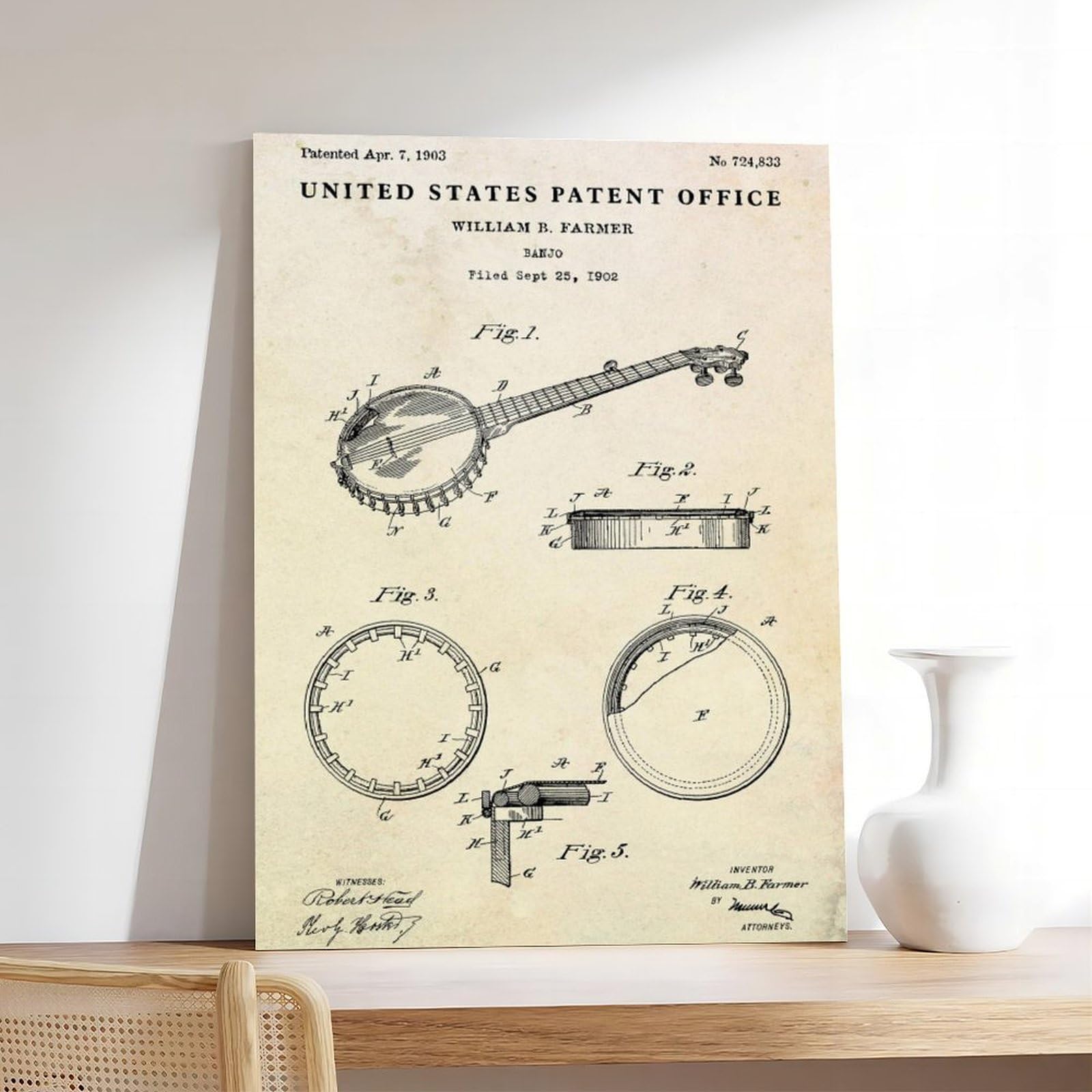 WLQZFRWV Banjo 1903 Brevetto Country Music Blueprint Poster su tela, decorazione artistica da parete per soggiorno, camera da letto, decorazione, 60 x 90 cm