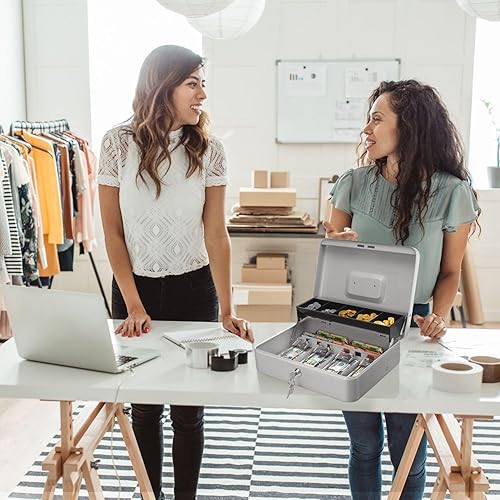 Miniatura 5 de Flexzion Caja de efectivo con llave, caja de dinero para negocios en efectivo, cajero y dinero en efectivo, caja de metal azul con llave de bloqueo