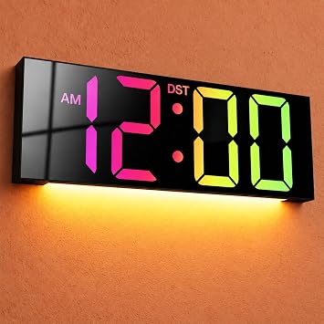 JALL Digital Wall Clock with Big LED Numbers for Classroom, Wall Clock with 8 RGB Colors for Senior, Digital Clock with Auto DST, Night Light for Bedroom Black