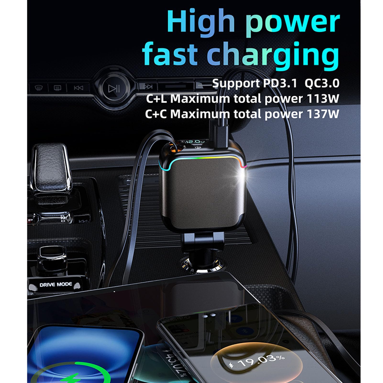 Caricabatterie per Auto Retrattile Ricarica Rapida Efficiente 4 in 1 per Telefoni Tablet Laptop PC ABS Lega di Alluminio