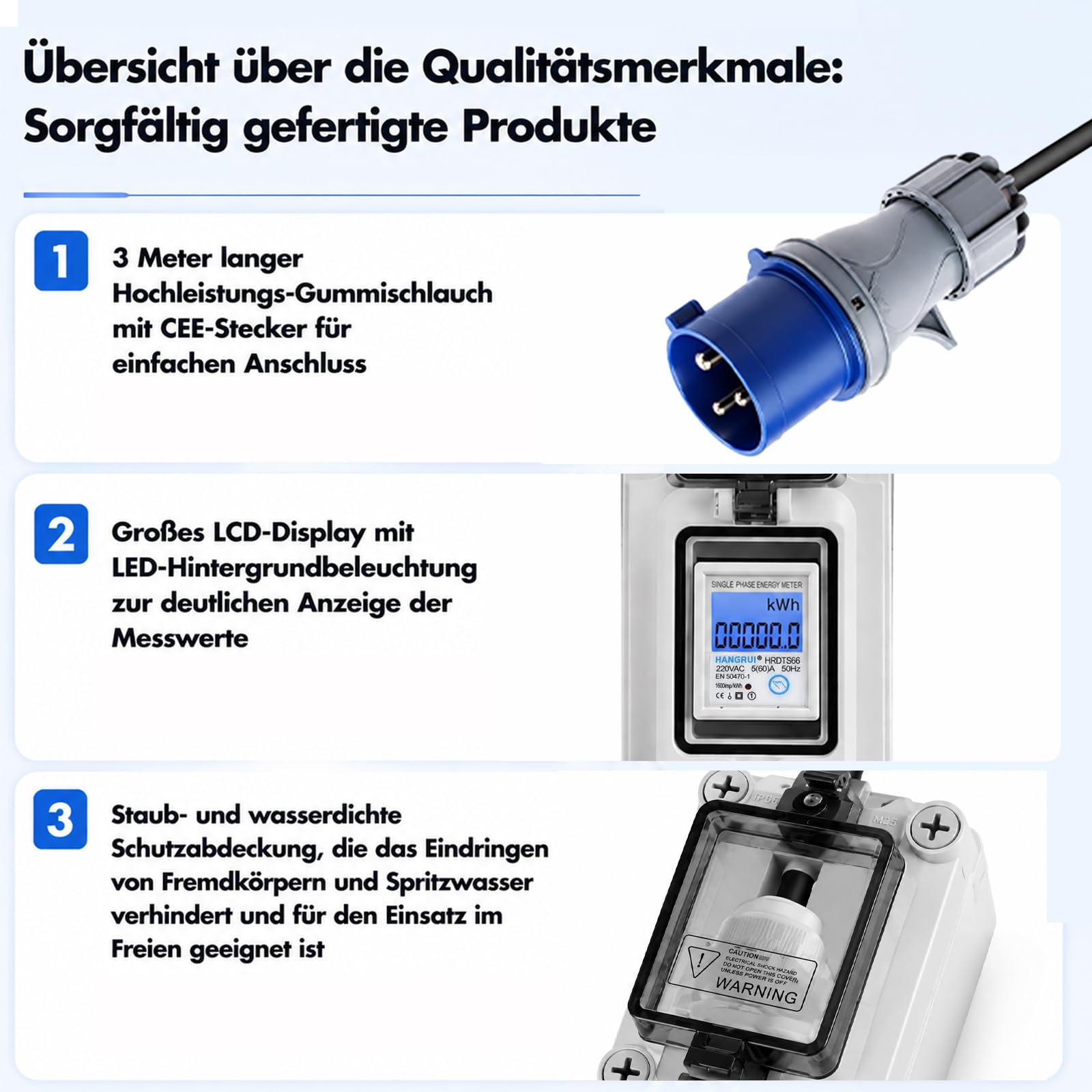 16A Mobiler Stromzähler, Stromzähler 3 Phasen, tromverbrauchsmesser mit KWH Zwischenzähler LED Reset für Elektrofahrzeuge Wohnmobile Haushalte