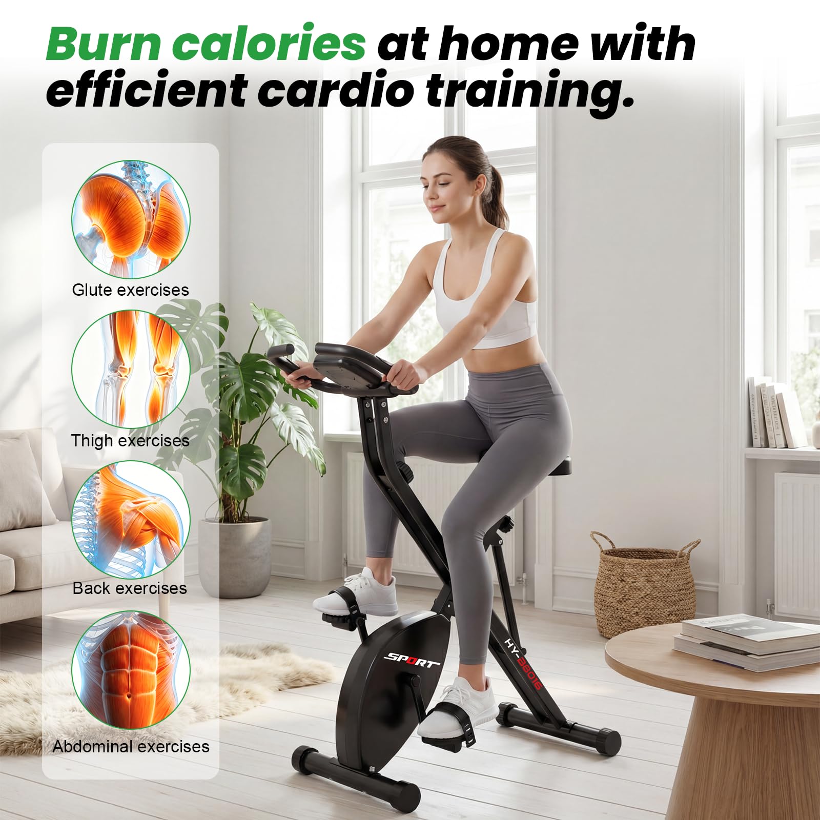Bicicleta estática - Plegable 4 en 1 - con pantalla LCD y pulsómetro - 8 niveles de resistencia magnética - Capacidad de peso: 120 kg - Altura del sillín ajustable.