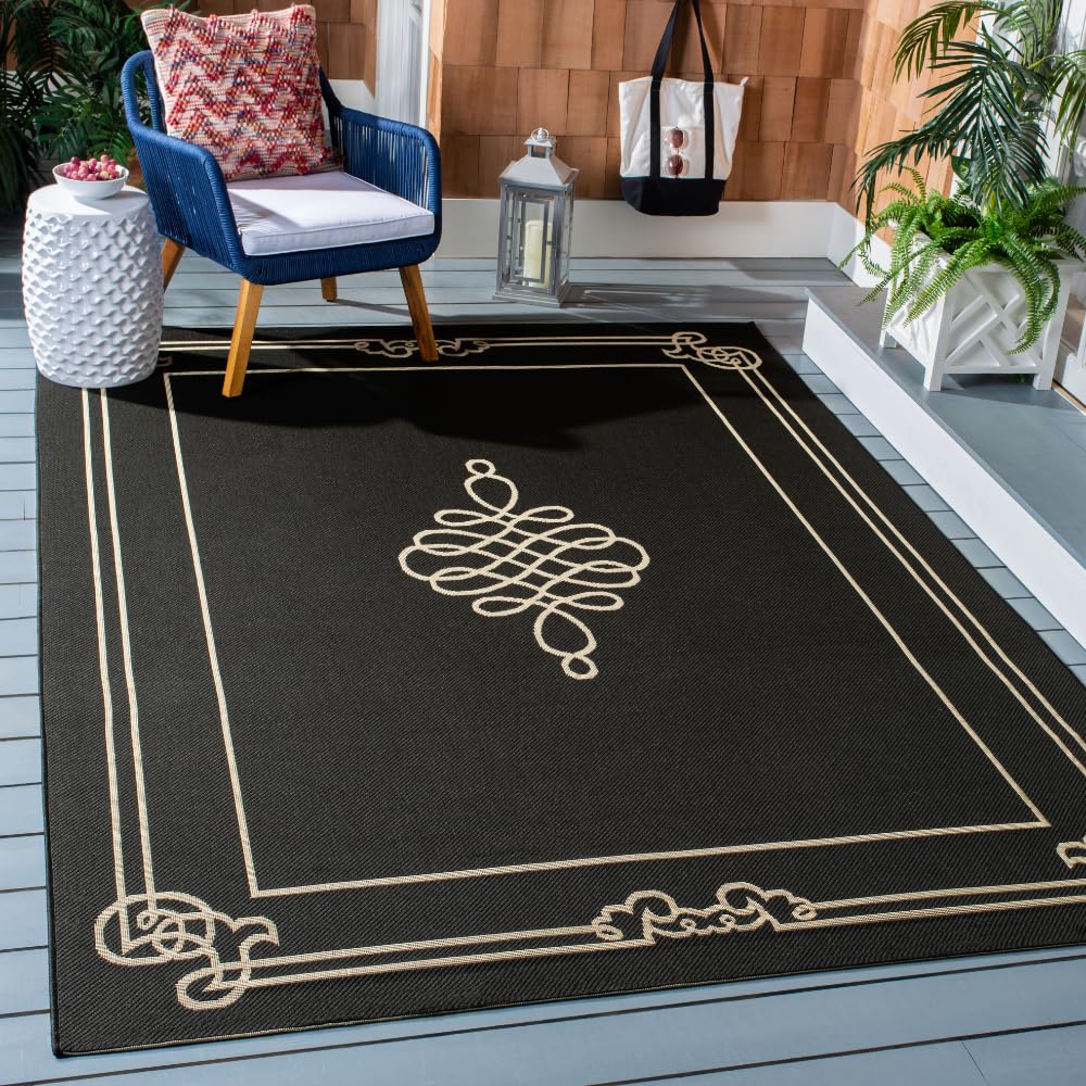 SAFAVIEH Washable Rug Outdoor Courtyard Collection - 6'7" x 9'6", Black & Cream, Non-Shedding & Easy Cleaning, Ideal for Patio, Backyard, Mudroom (