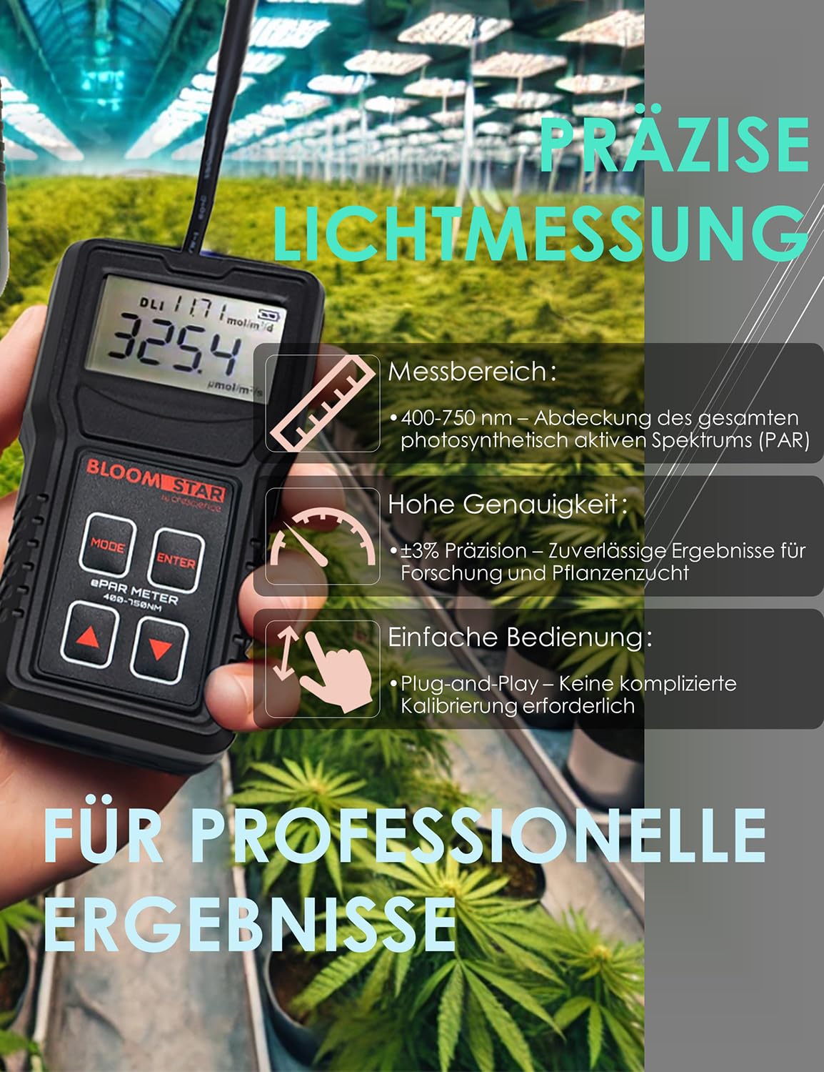 by Crescience ePAR-Meter Quantum-Sensor für Belichtungsmessung, 400-750nm, Präzise Messung der photosynthetisch aktiven Strahlung (PAR) für Pflanzenwachstum, Lichtoptimierung, Grow-Setup