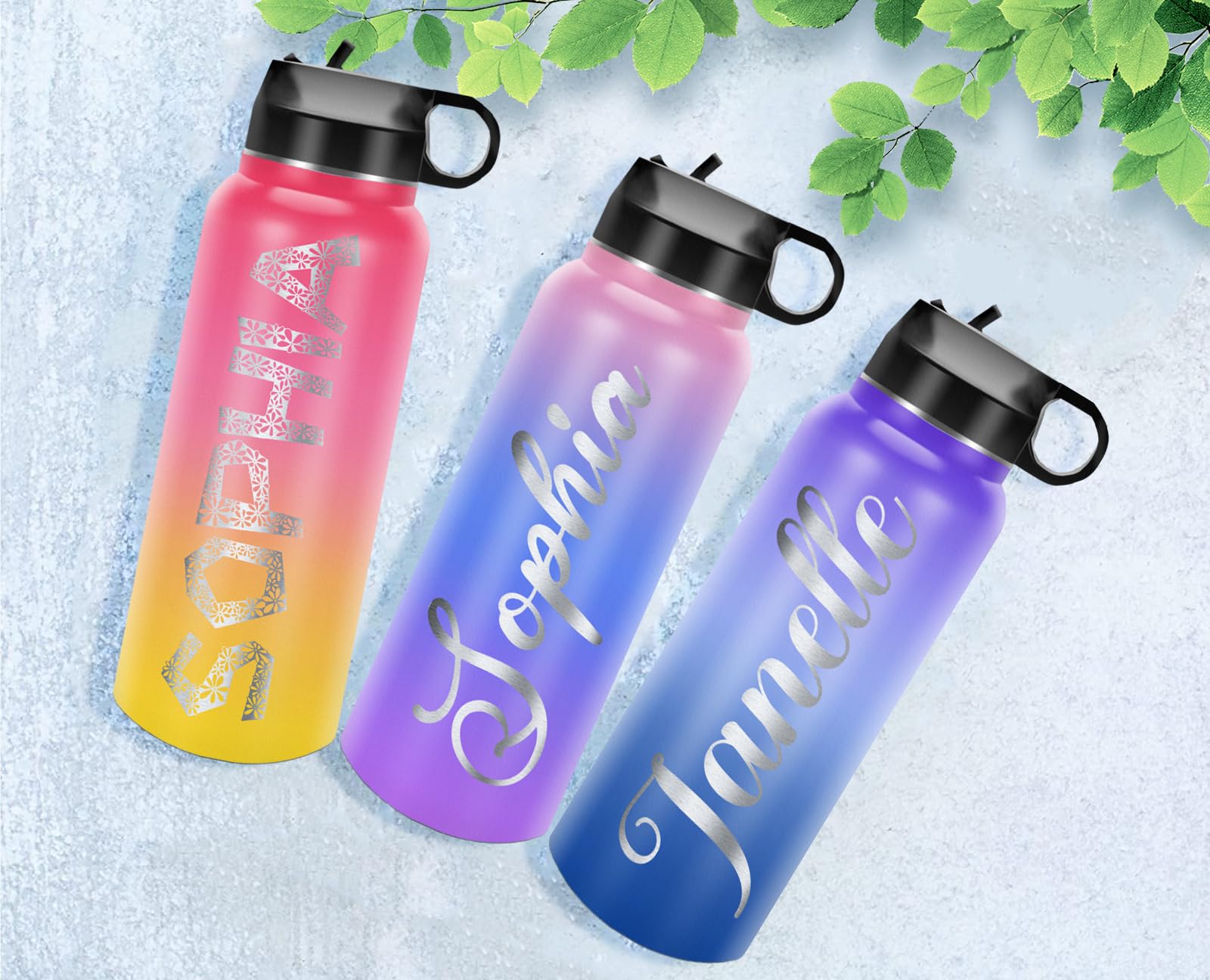 Personalized Stainless Steel Water Bottle With Name - Vacuum Insulated, 18oz/32oz, Spout & Straw Lids