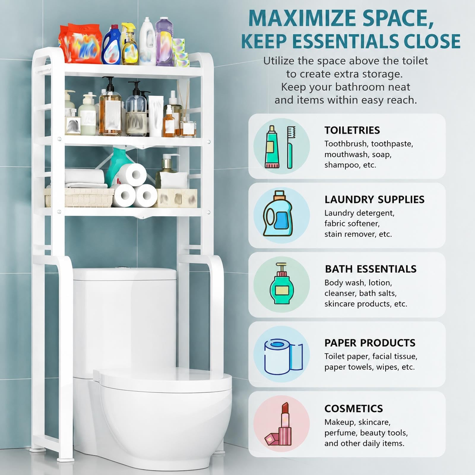 Generico Scaffale WC, Mensola Bagno Sopra Toilette, Salvaspazio Pieghevole | Con ganci mobili e ripiani regolabili per organizzare prodotti bagno e accessori