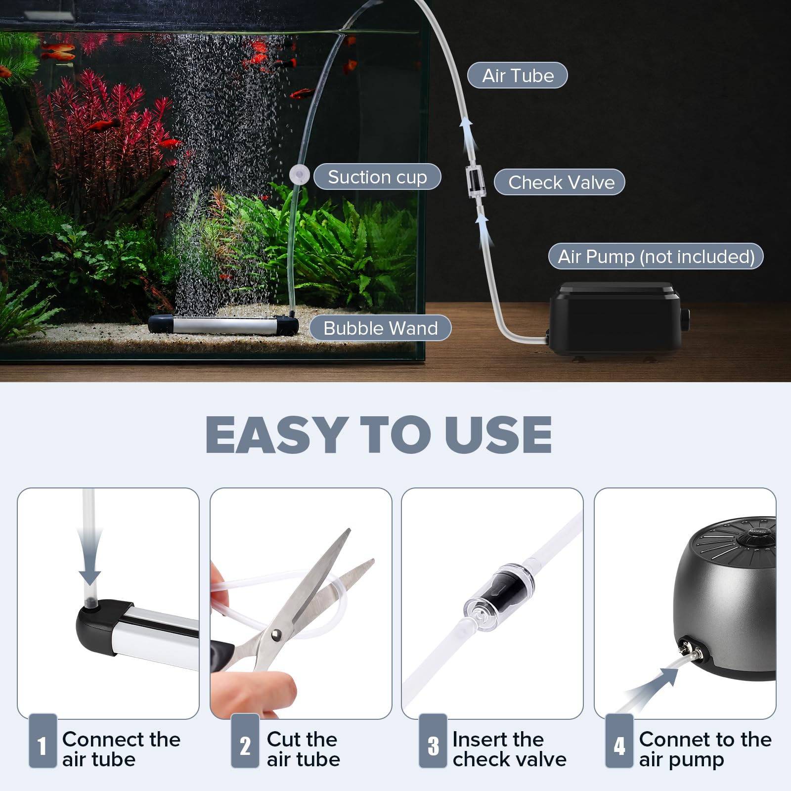 hygger Bande de bulles d'air pour aquarium avec accessoires de tube à air, 70 cm, pierres à air silencieuses, diffuseur d'oxygène, décorations à haute dissolution pour eau douce et eau salée