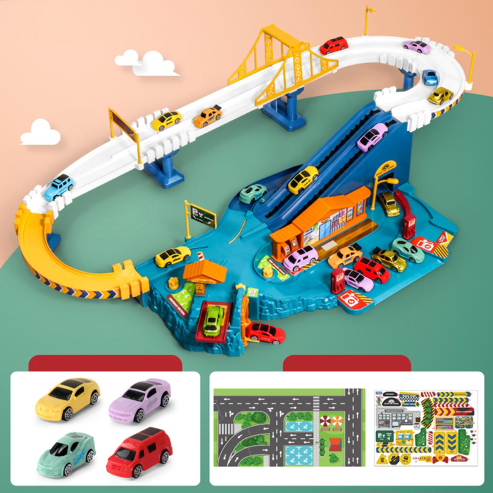 Rieles de Coche de Juguete, Pista de Aventura Flexible para Niños Pequeños, Juego de Vehículos Eléctricos, Regalo (Caja de Color de autopista (estándar para 4)
