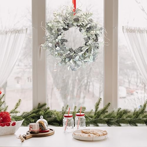 Miniatura 7 de Corona de abedul con bayas blancas, conos de pino helado, hoja de acebo, rama, corona de Navidad de invierno de 26 pulgadas para puerta delantera o