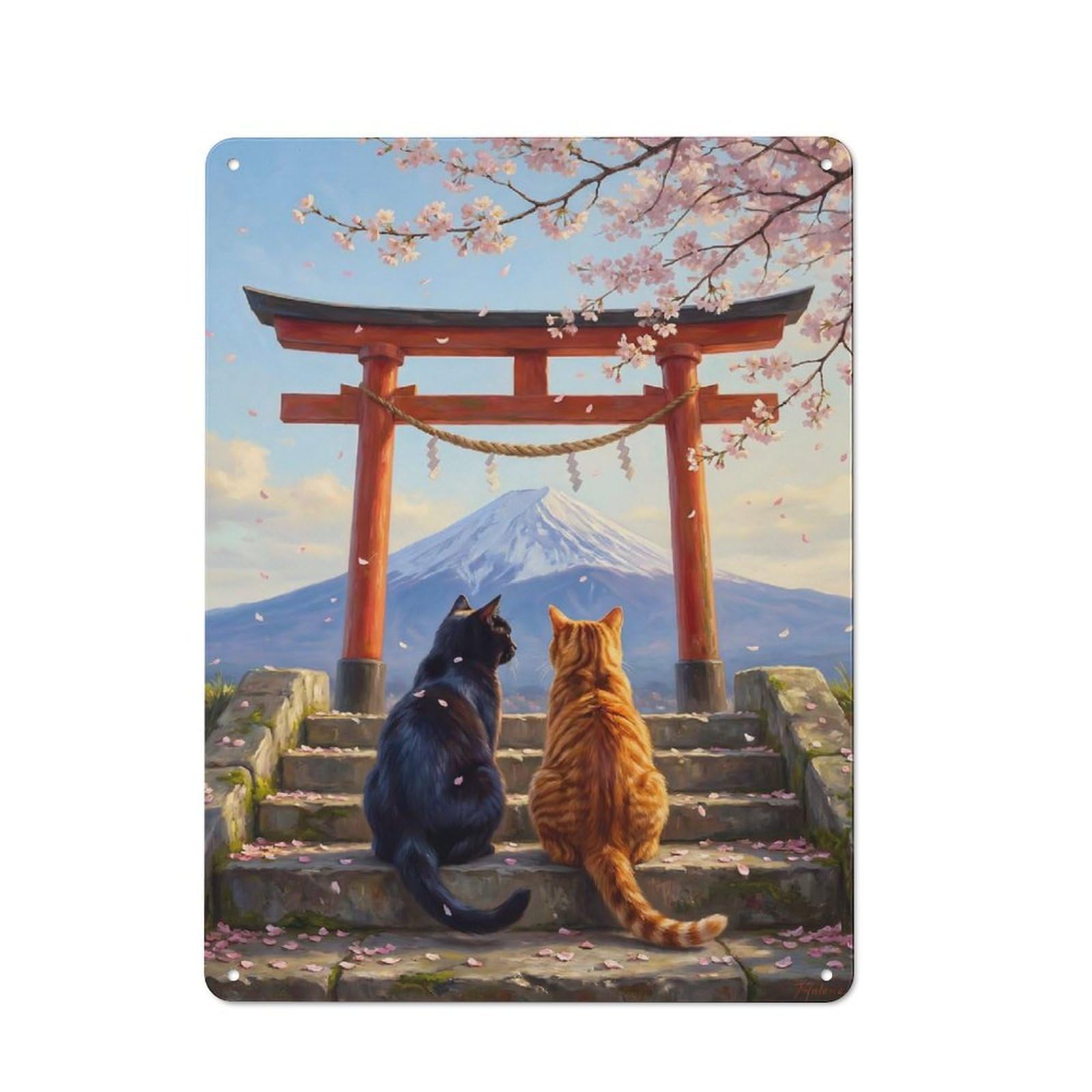 Junmoney Style-1 Workshop Style Garage Metal Sign 40X30cm Featuring Cats At Mount Fuji Torii Gate, Industrial Wall Art For Garage, Hobby Room, Office Or Man Cave