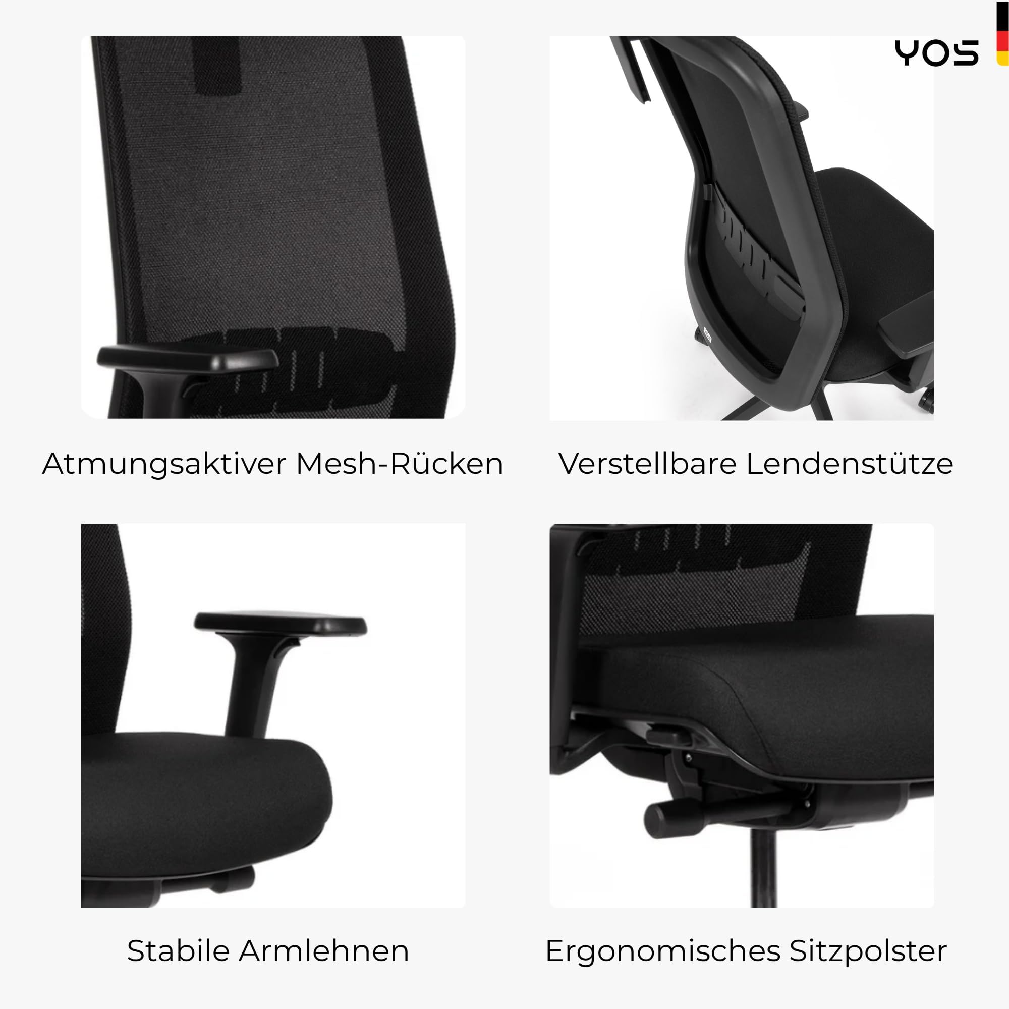 YOS S5 ergonomischer Bürostuhl mit Kopfstütze, Schreibtischstuhl | Netzrücken, Lordosenstütze, Kopfstütze, 150 kg Belastbarkeit – Made in Germany