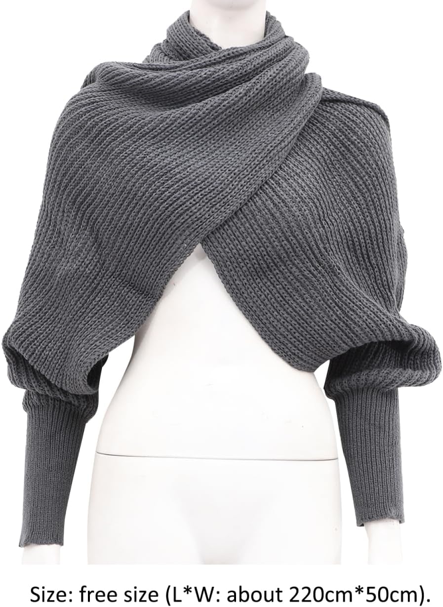 BESPORTBLE Unisex Knitted Shawl with Sleeves Dark Grey Fashion Korean Style Autumn Winter Scarf Cape Wrap Soft Warm Knit Scarf with Sleeves for Women Men