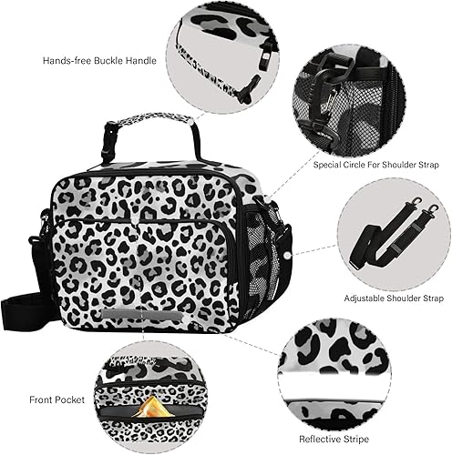 Miniatura 4 de Kcldeci Bolsa de almuerzo de colores grises con estampado de leopardo animal, bolsas de almuerzo aisladas, caja de almuerzo reutilizable, bolsa de