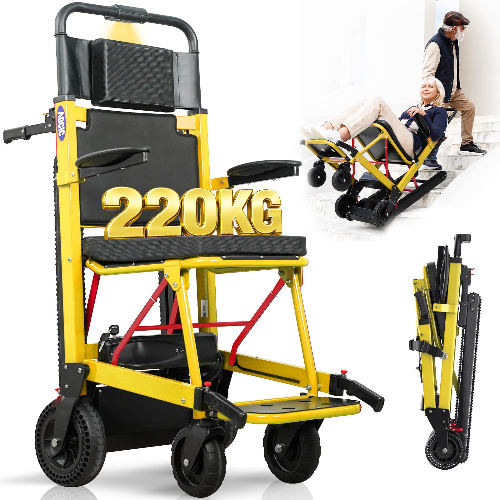 VOCIC Elektrischer Treppensteiger Rollstuhl Faltbar bis 220KG mit Lange Gummikette AY04, 3 in 1 Elektrische Treppenhilfe Rollstühle, Treppenlift mit LED Licht für Behinderte Senioren, Gelb