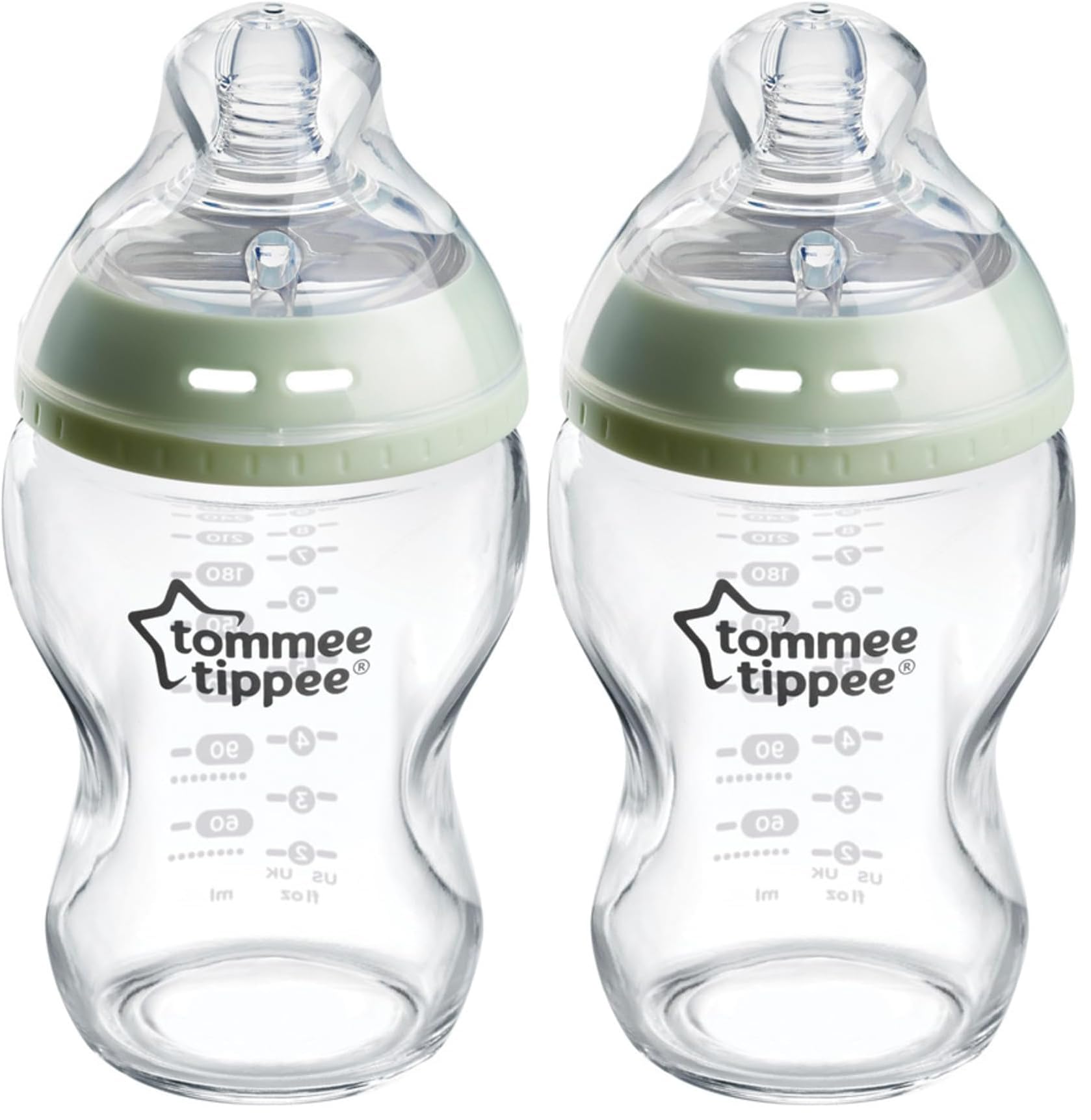 Tommee Tippee Closer to Nature Babyflasche aus Glas, Natürlich Geformter Trinksauger mit Anti-Kolik-Ventil, 250 ml, 1er-Set, Klar (Farbe und Design kann variieren) (Packung mit 2)