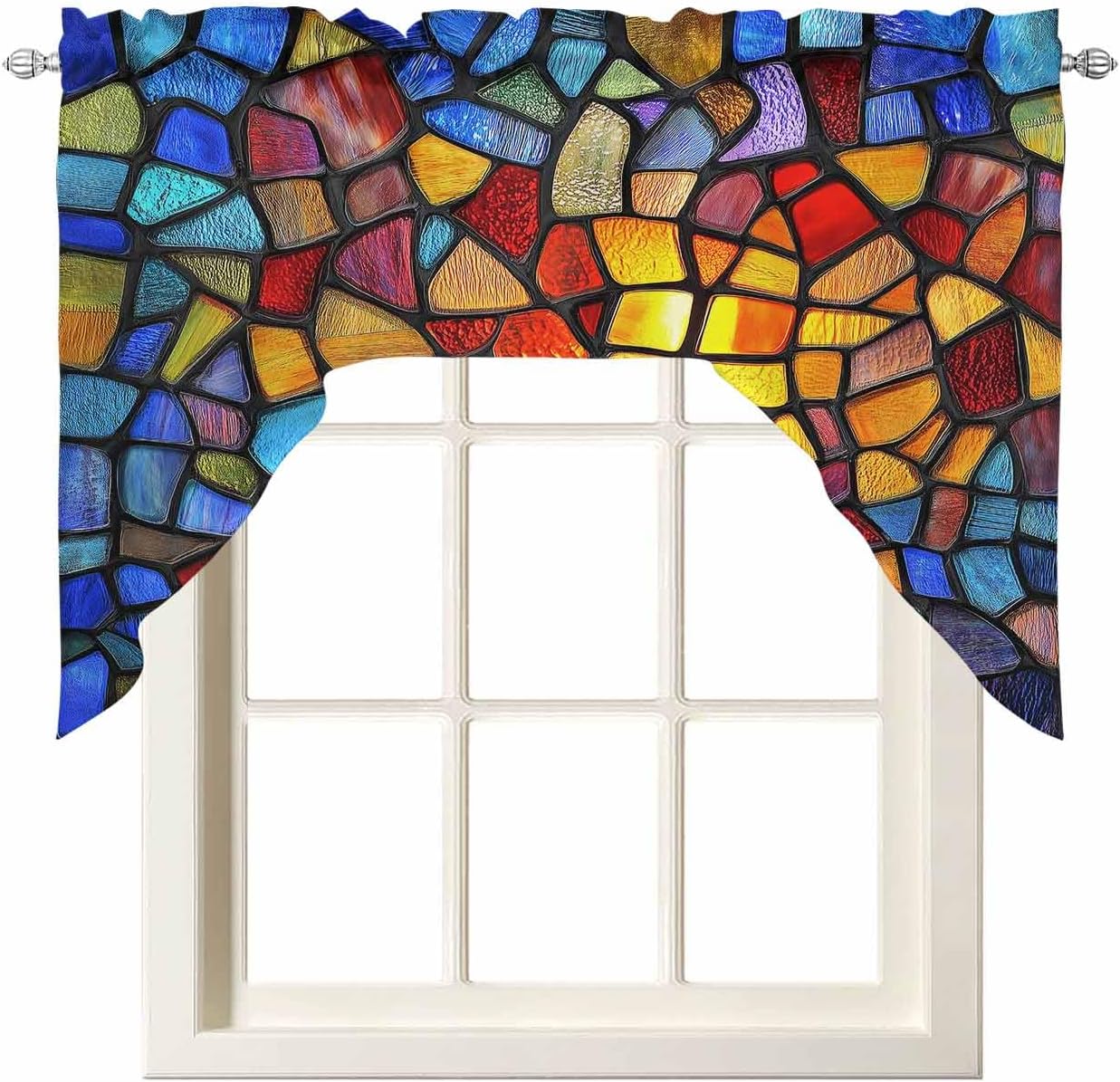 Blue Red Yellow Kitchen Curtains Swag Valance and Tier Curtains Set 36 Inch Length, Modern Colored Rainbow Stained Glass Rod Pocket Drape Panels Pair Swag Curtain for Bathroom/Cafe/Window