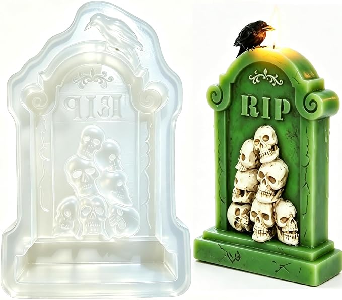 Halloween Crow Skulls Tombstone Silicone Mold, RIP Gravestone Mold for Chocolate Candle Resin Halloween Decor