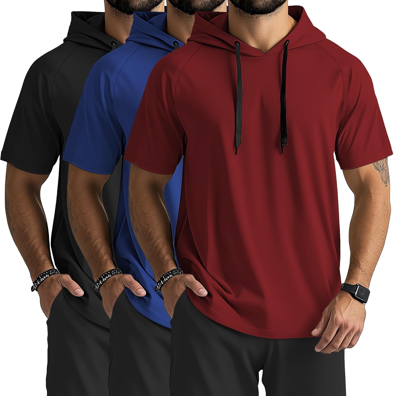 Ficerd 3 Pack Men's Short Sleeve Hoodie Workout Shirts Comfy Running Active Athletic Pullover Sweatshirt