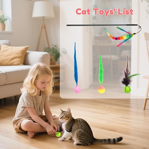 Miniatura 2 de SHENGSEN Juguete de varita de plumas para gatos, pelota inflable con cola para gatos, gusano mágico con juguete de bola grande y colorida para