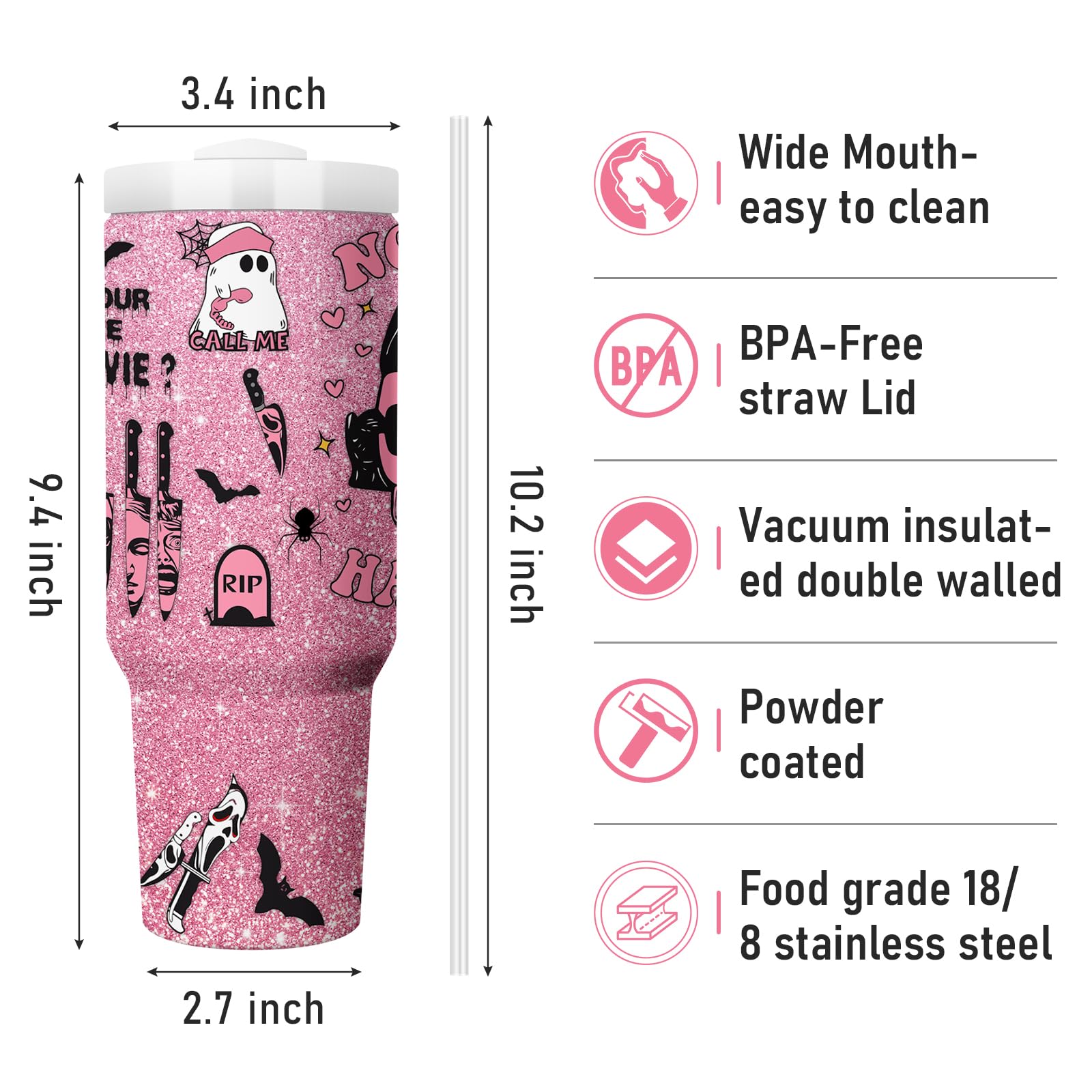 Equoza Horror Scary Face Halloween Tumbler for Women Girls Spooky Vibes 30oz Horror Scary Face Theme Decor Insulated Cup with Lid Vacuum Stainless Steel Coffee Mug: 40 Ounces