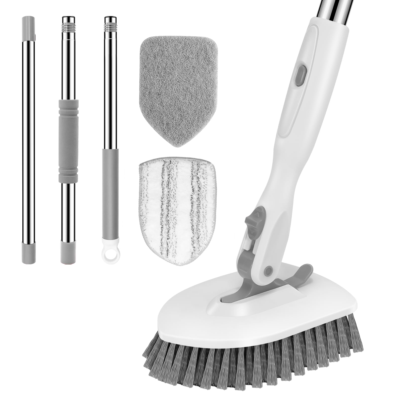 SetSail Floor Scrub Brush, 3-in-1 Tile Tub Floor Scrubber with 52-inch Adjustable Long Handle Shower Cleaner Brush and 3 Detachable Replacement Brush Heads for Cleaning Bathroom Tub Tile, White