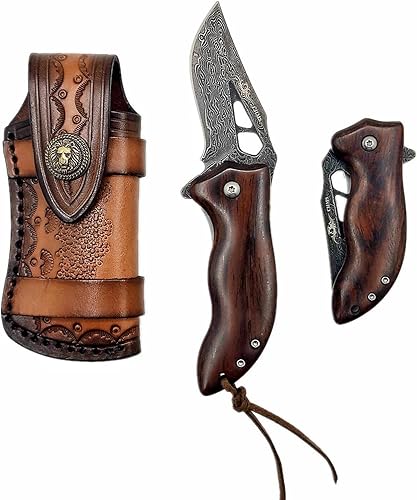 Miniatura 1 de Damasco - Cuchillo de bolsillo plegable pequeño con funda de cuero núcleo de hoja afilada VG10 mango de madera Mini cuchillo plegable EDC bloqueo de
